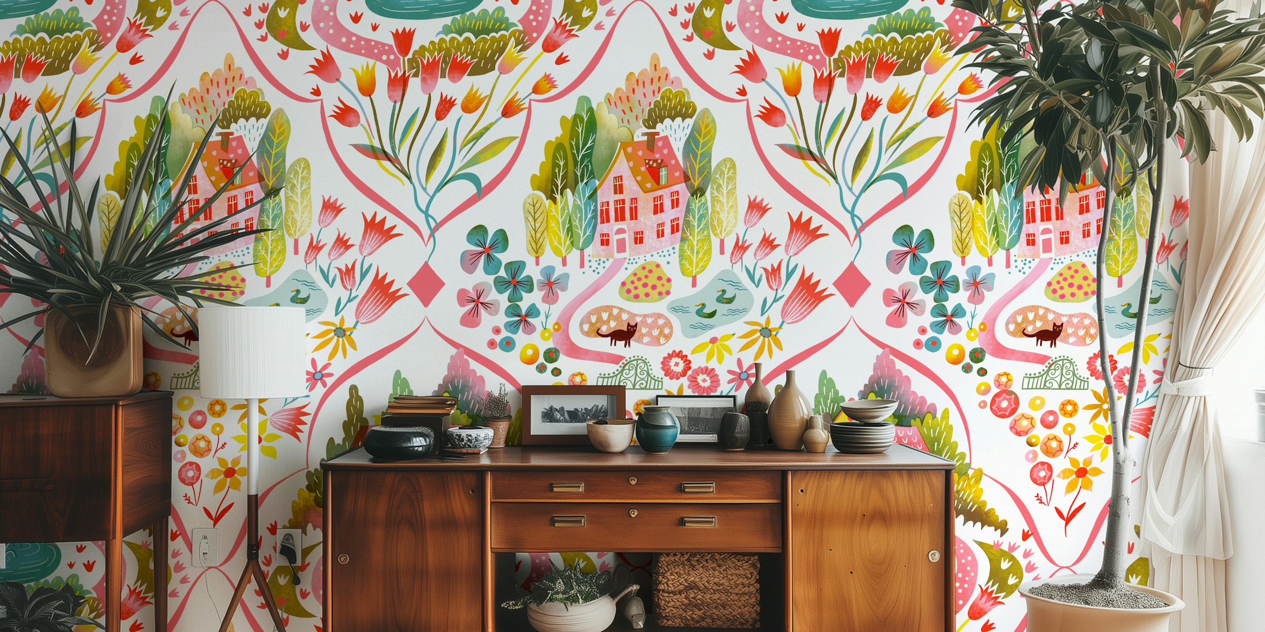 Blooming garden houses wallpaper in a room