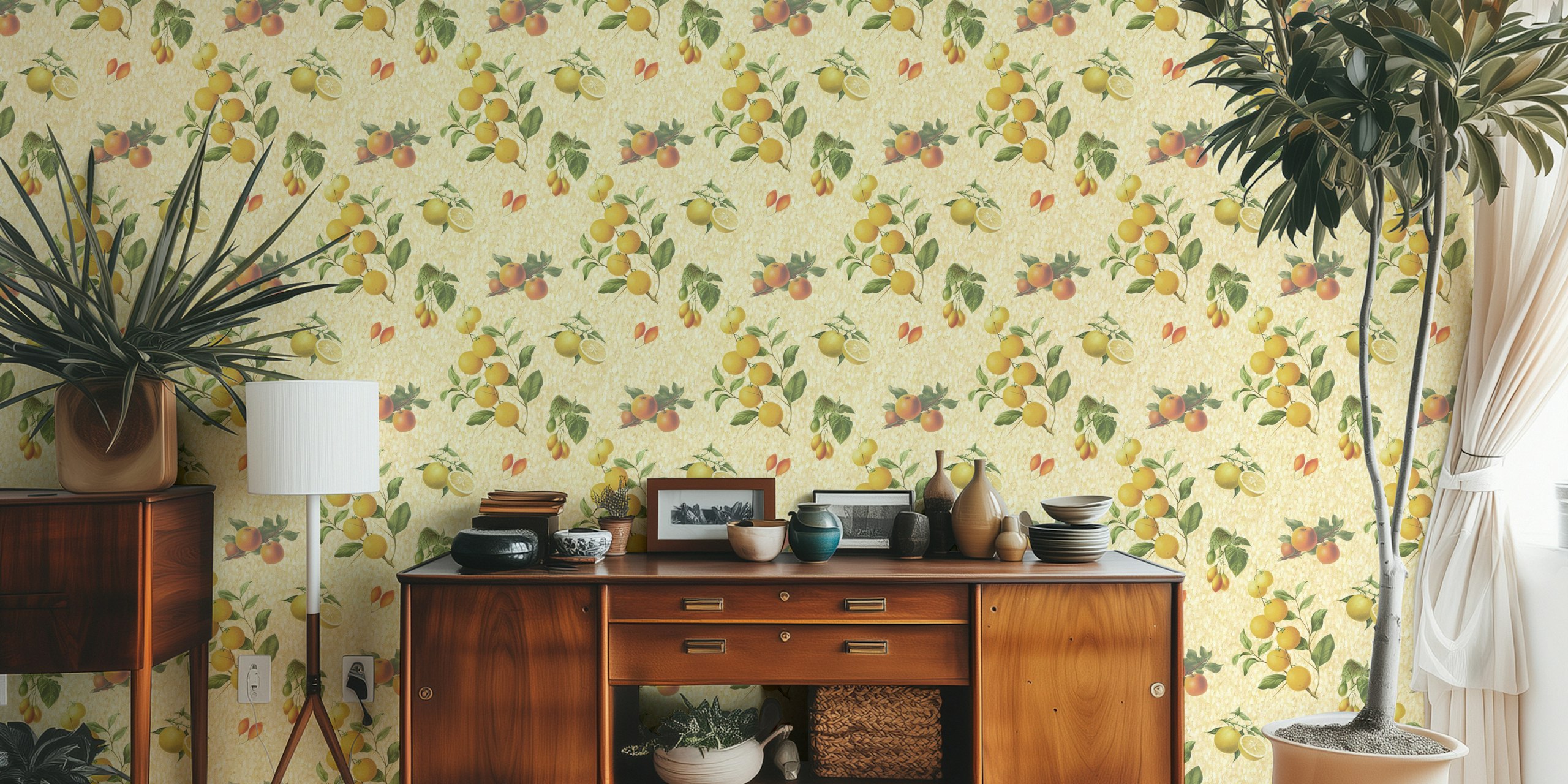 Vintage lemon wallpaper in a bright room