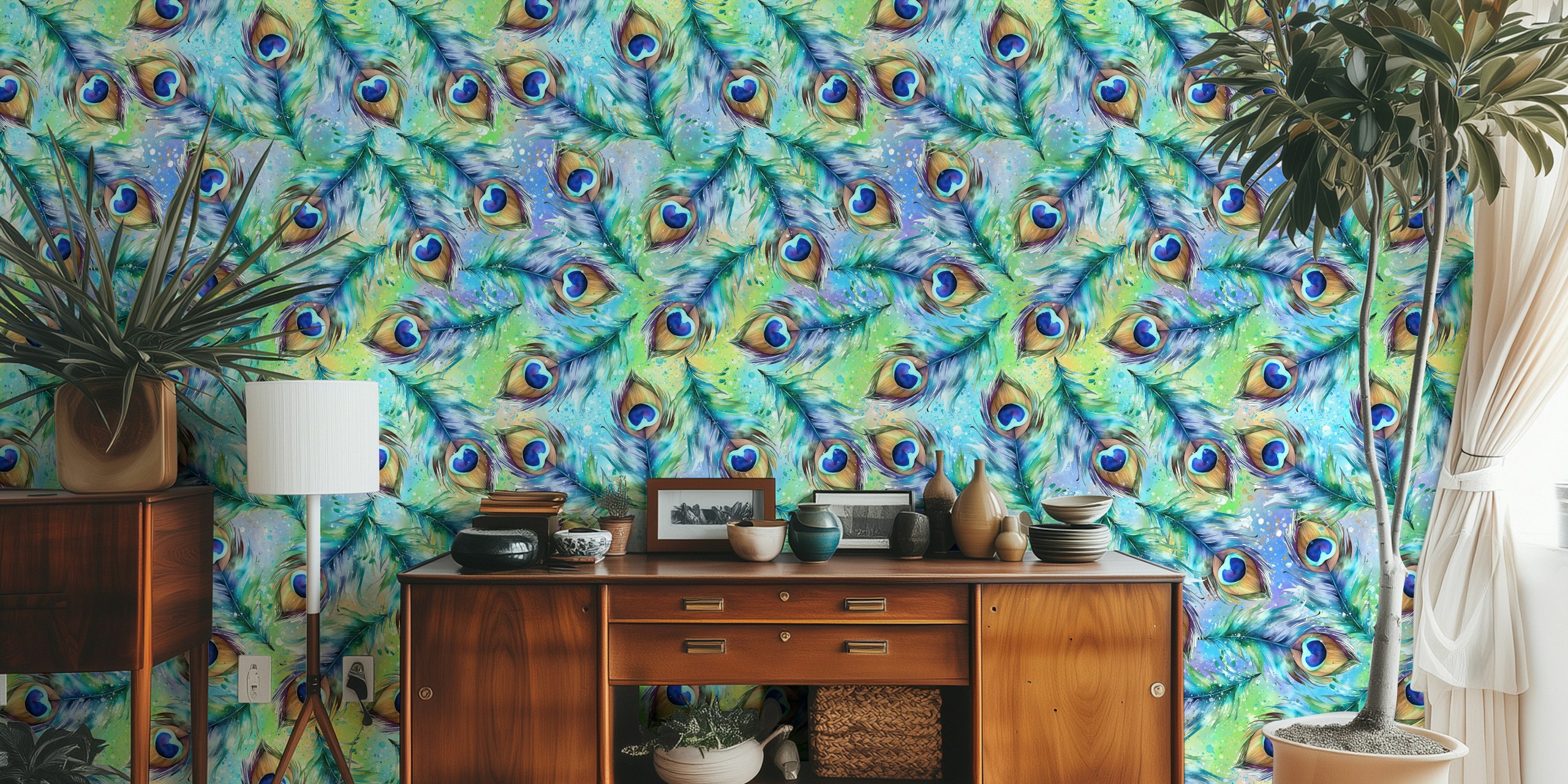Peacock feather pattern in blue, green, and gold colors wallpaper