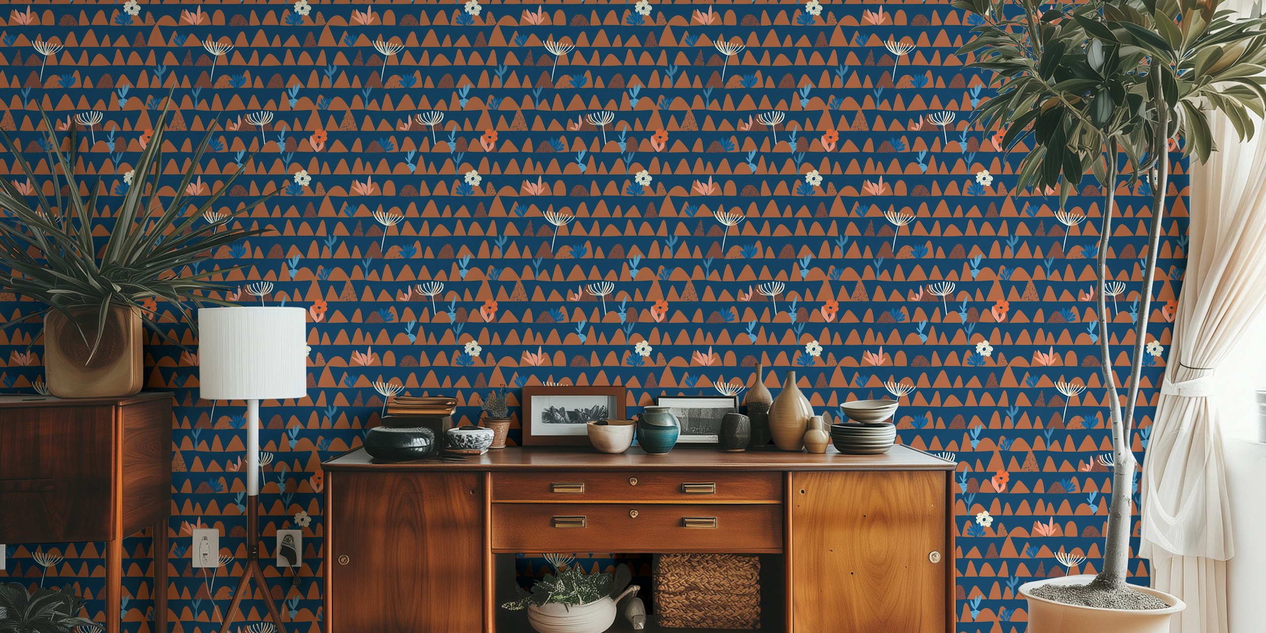 Dark blue wallpaper featuring floral motifs and mountain shapes in earthy tones