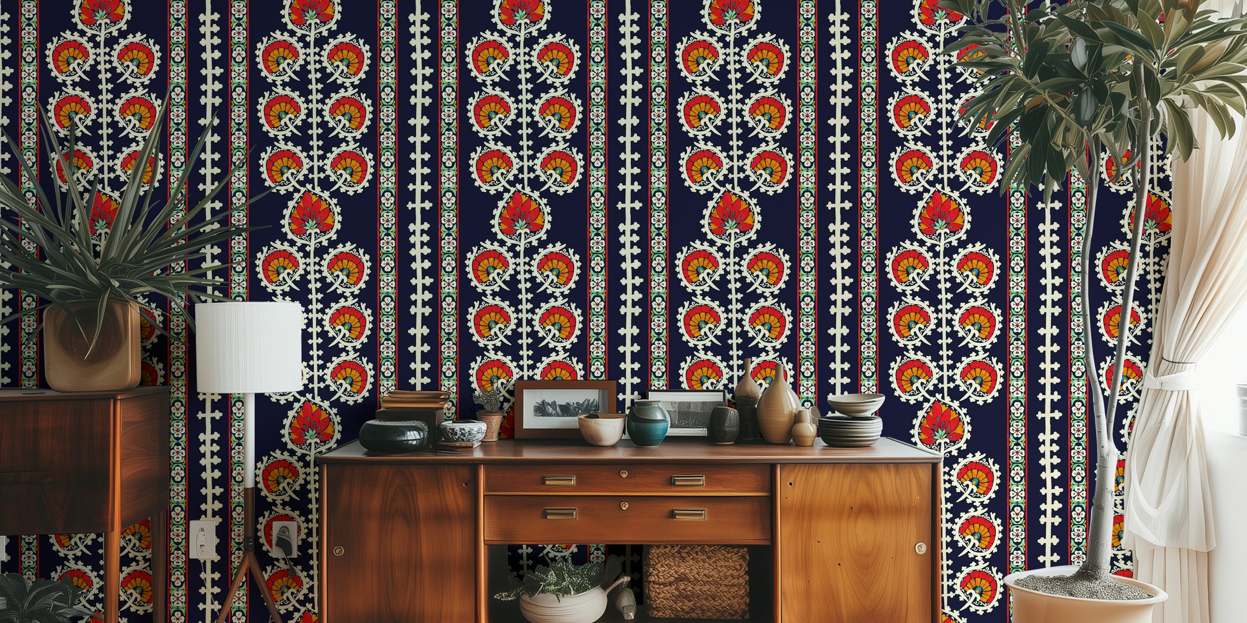 Vibrant Suzani-style peacock tail wall mural on a dark background