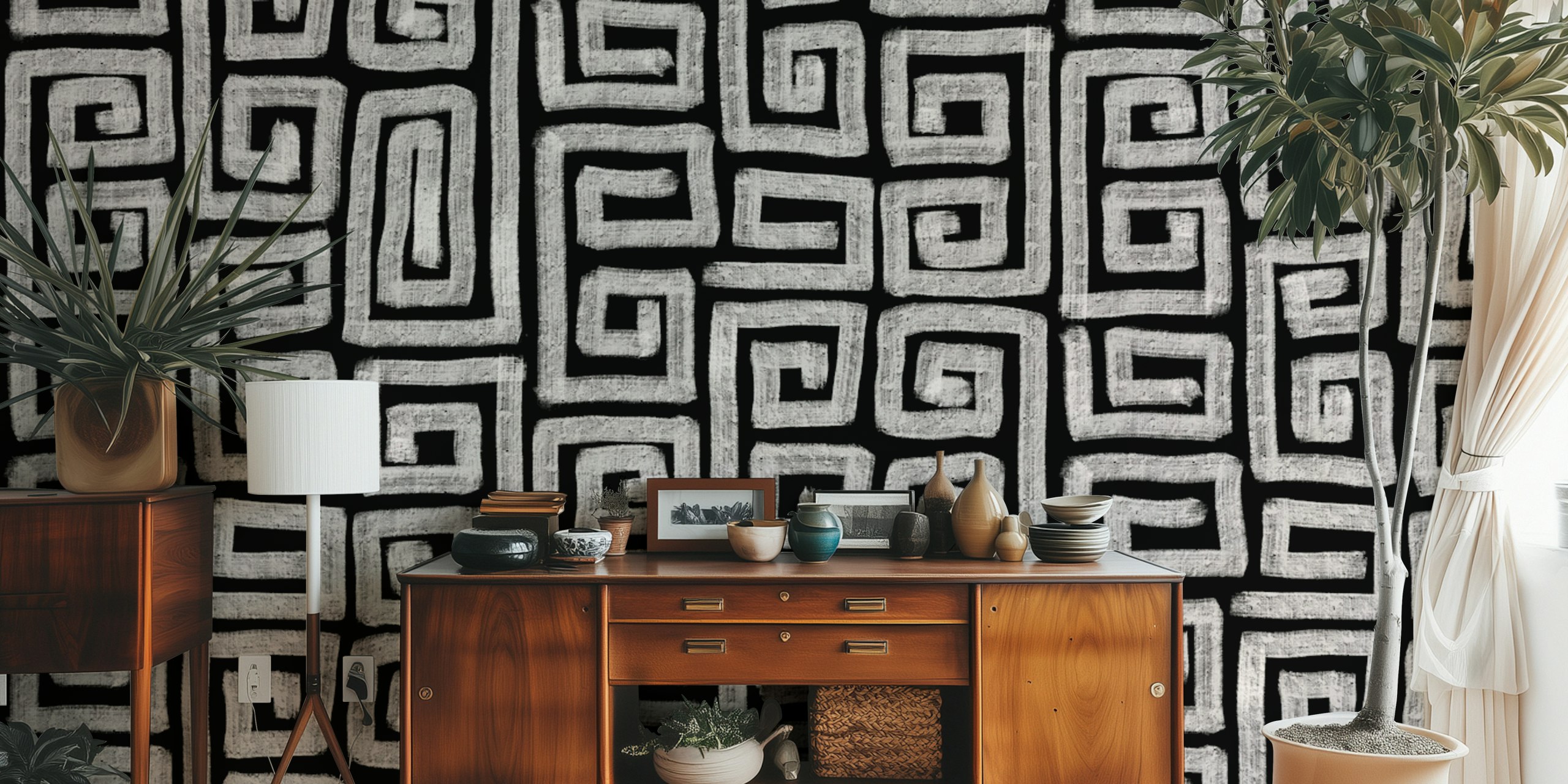 Geometric black and white patterns in Greek style wallpaper