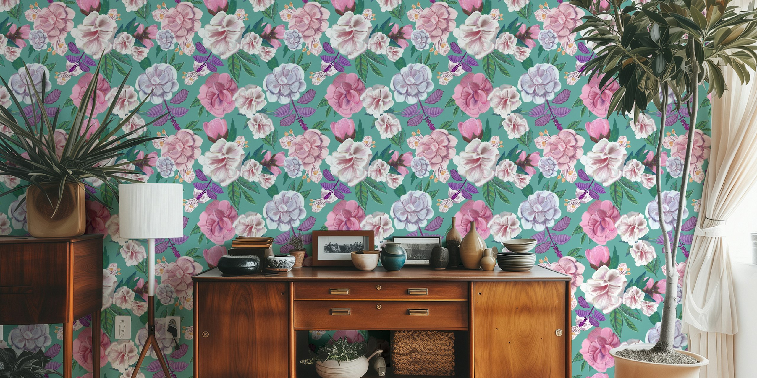 Basil Flowers and Roses Pattern wallpaper in a room