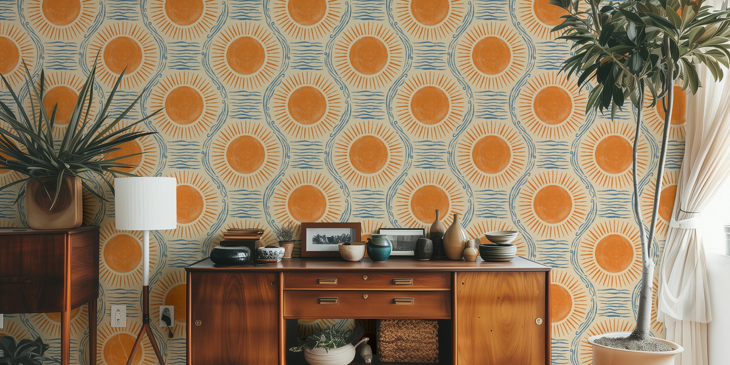 Boho sonnen und meer handgezeichnet tapete orange und blau