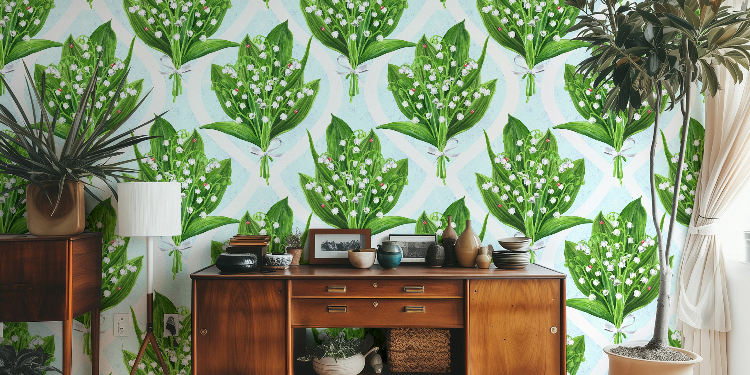 Bouquet of lily of the valley wall mural on a blue background