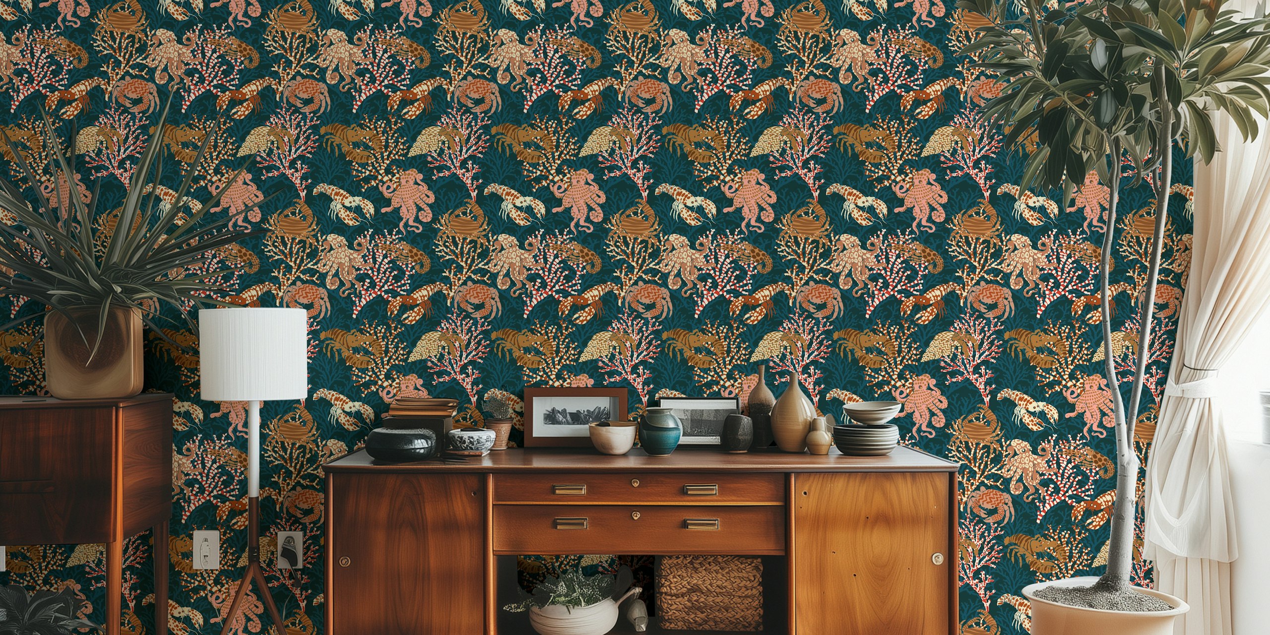 Colorful sea life and coral patterns in blue wallpaper