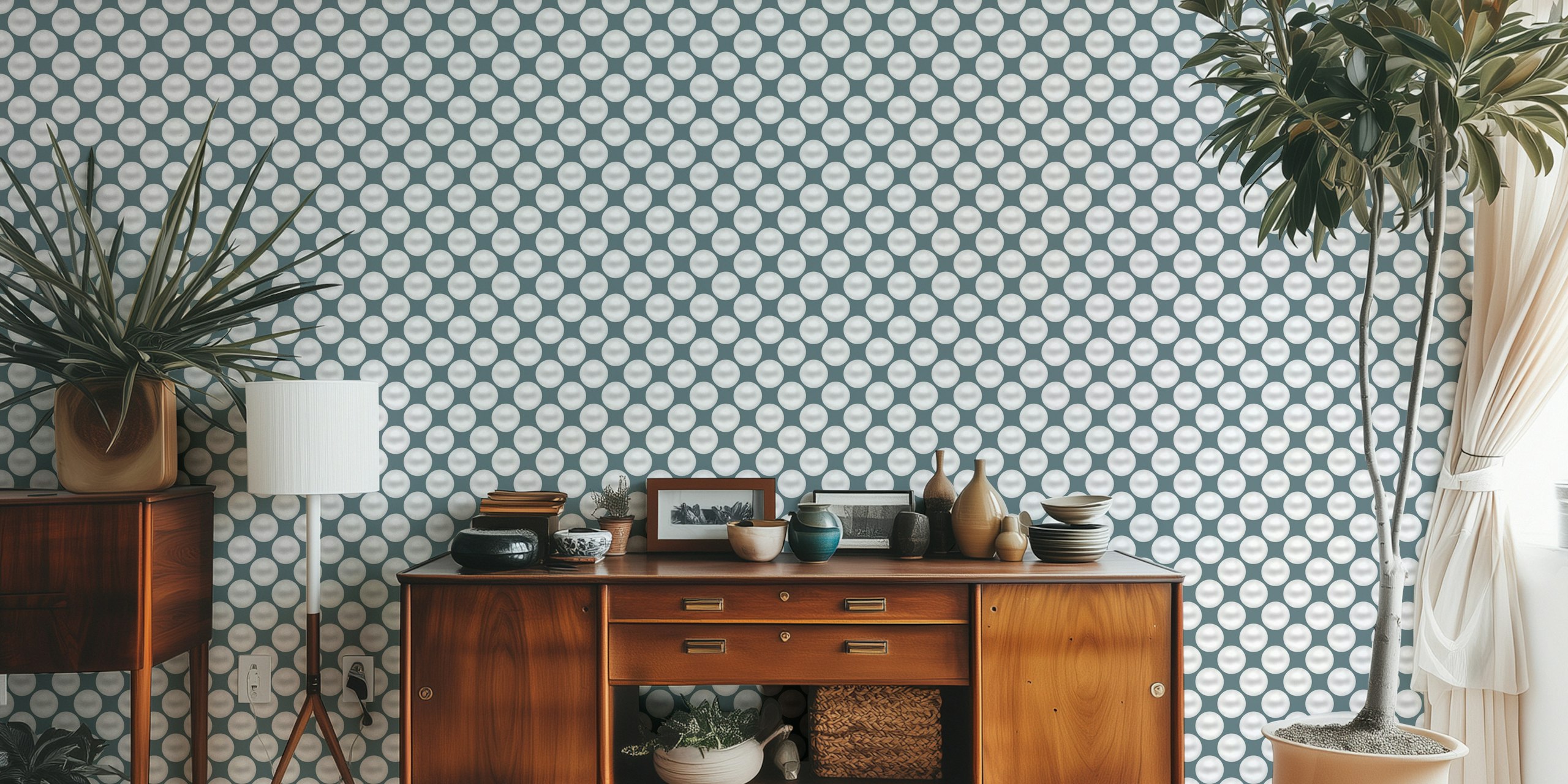 Pearl Polka Dots 14 vægmaleri med skinnende prikker på en mat baggrund til smart interiørdesign