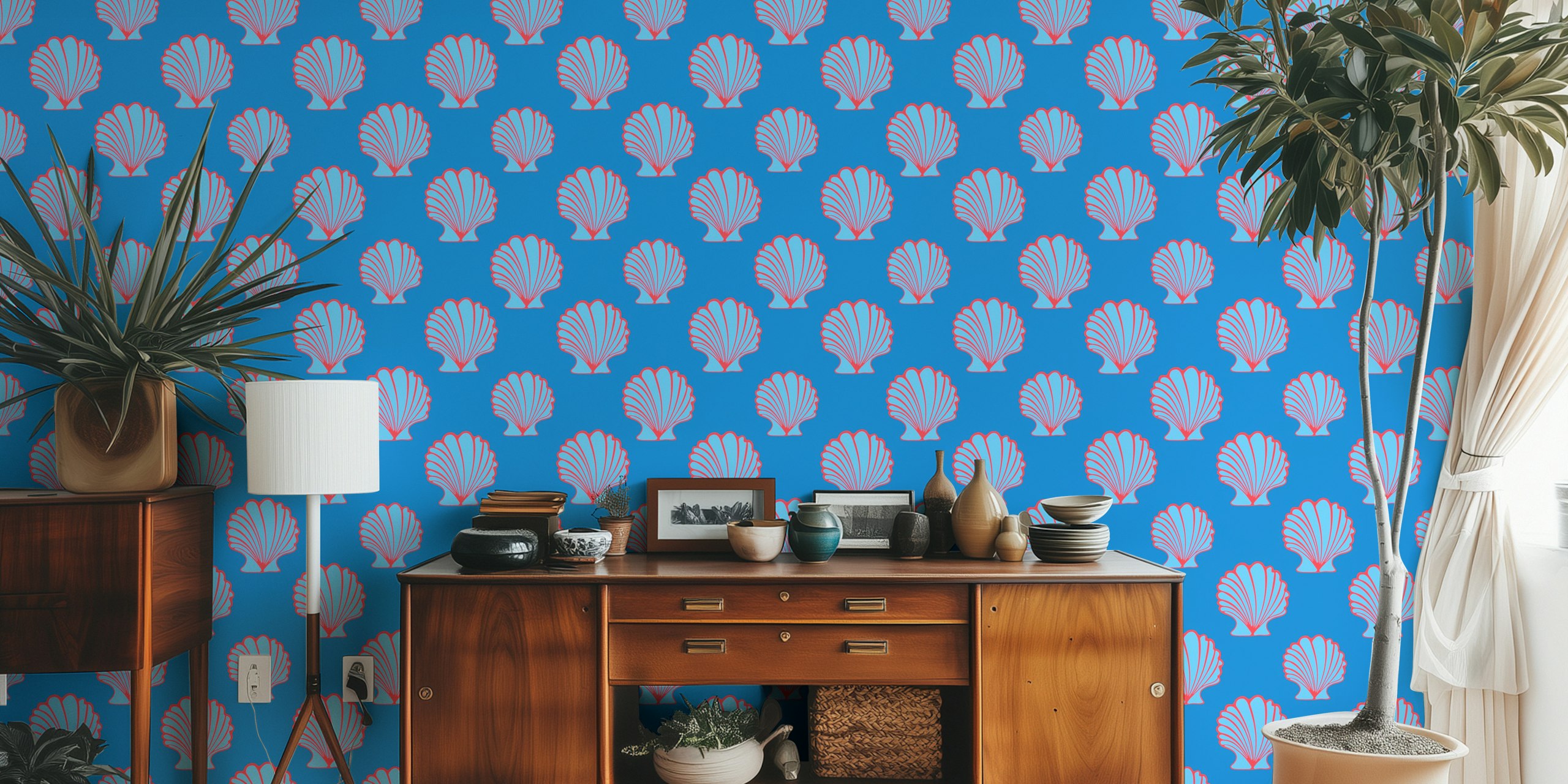 Blue seashell wallpaper in a room setting