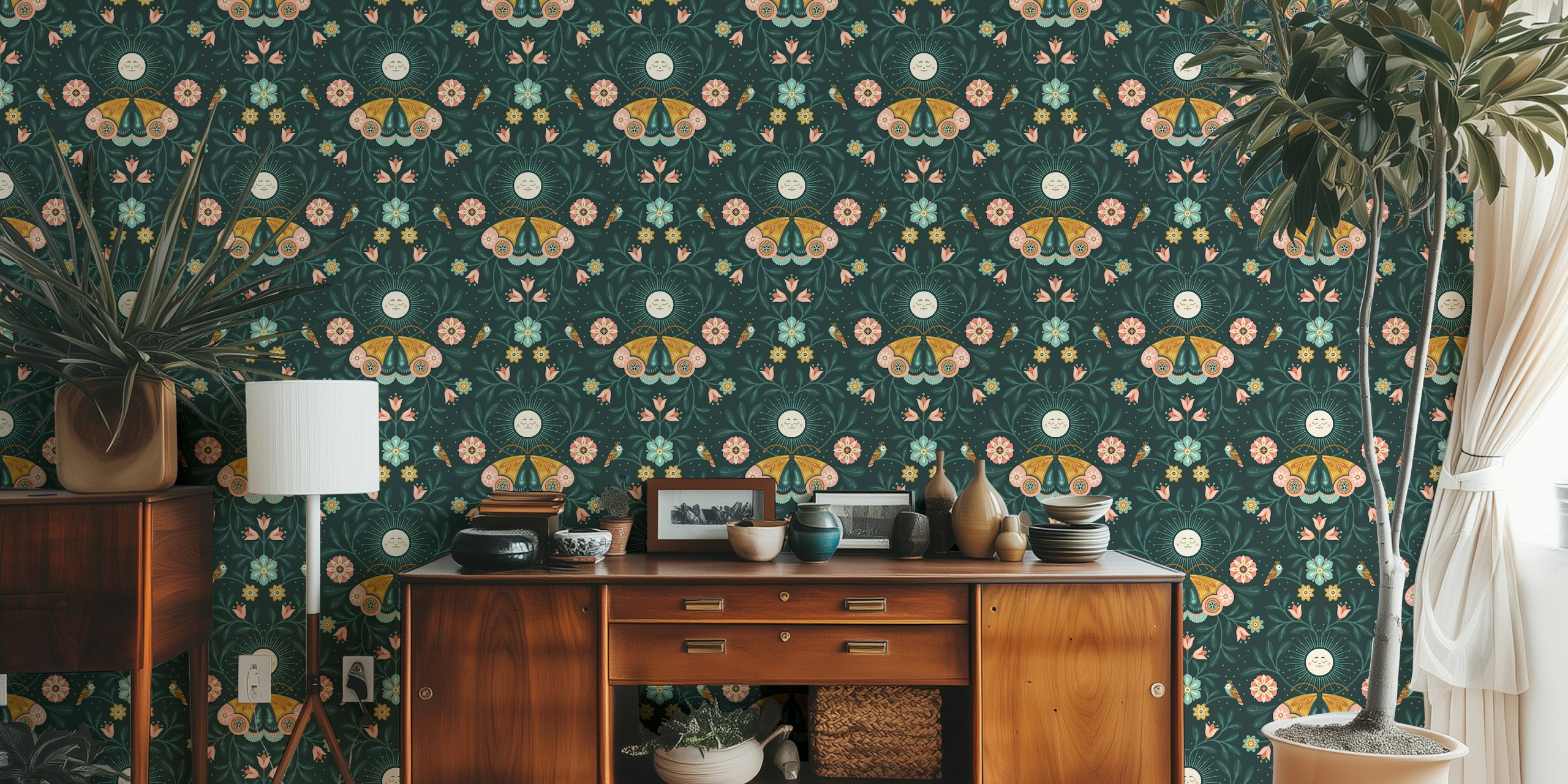 Lunar Moth floral design with pink flowers and green leaves wallpaper