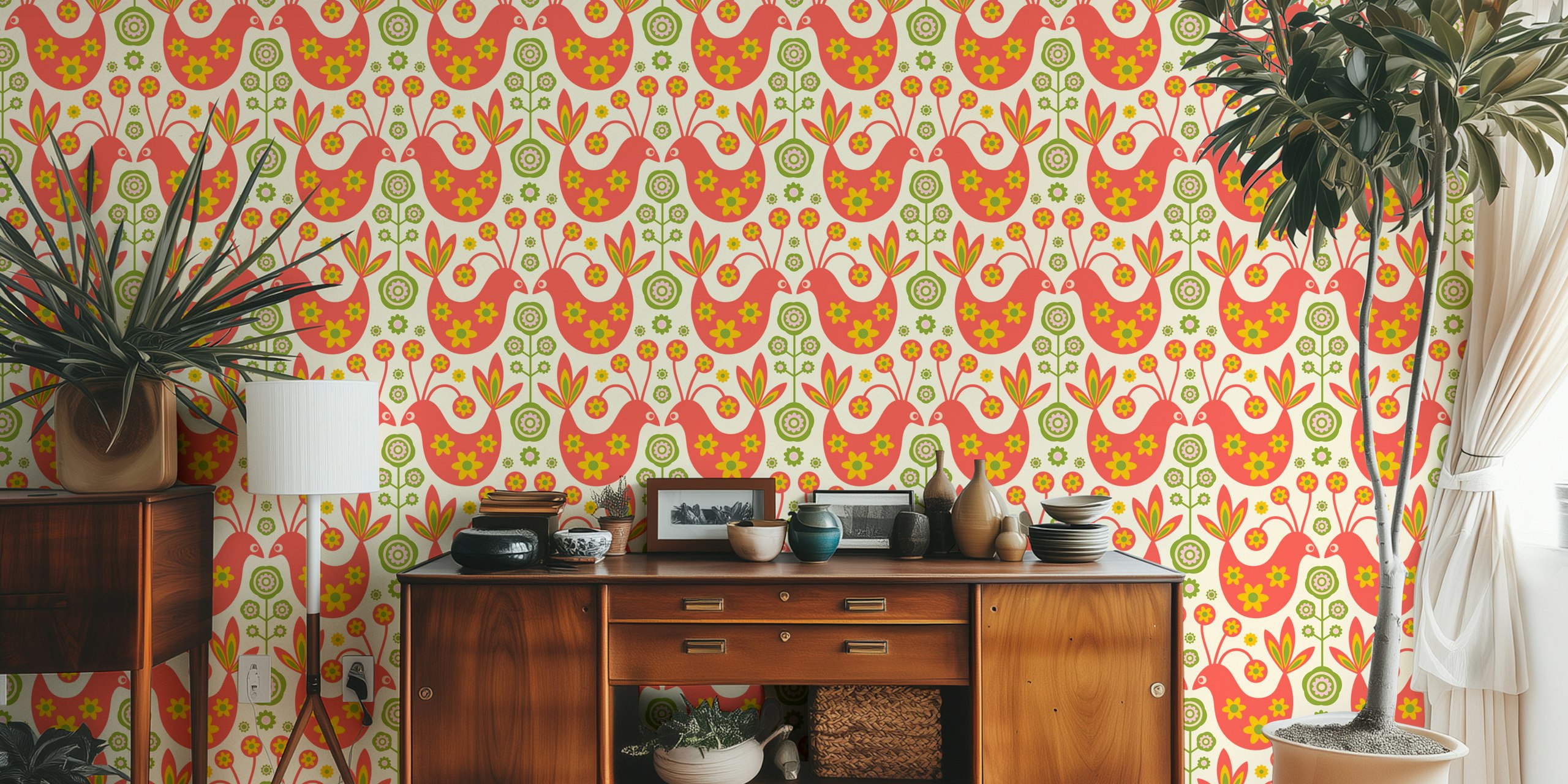 Coral retro floral pattern featuring birds and flowers wallpaper