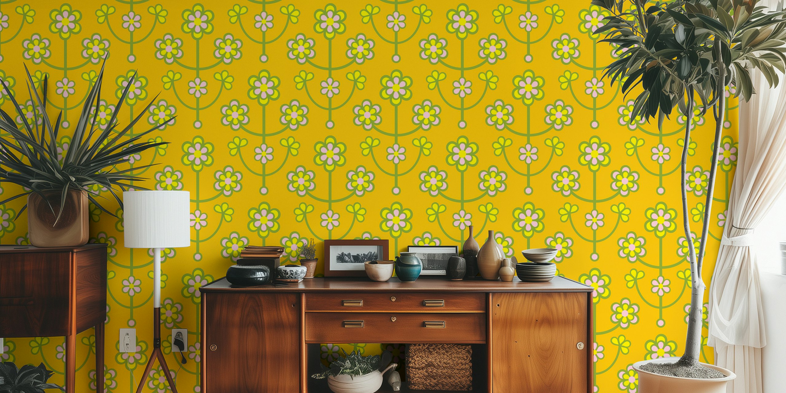 Yellow floral wallpaper design in a room
