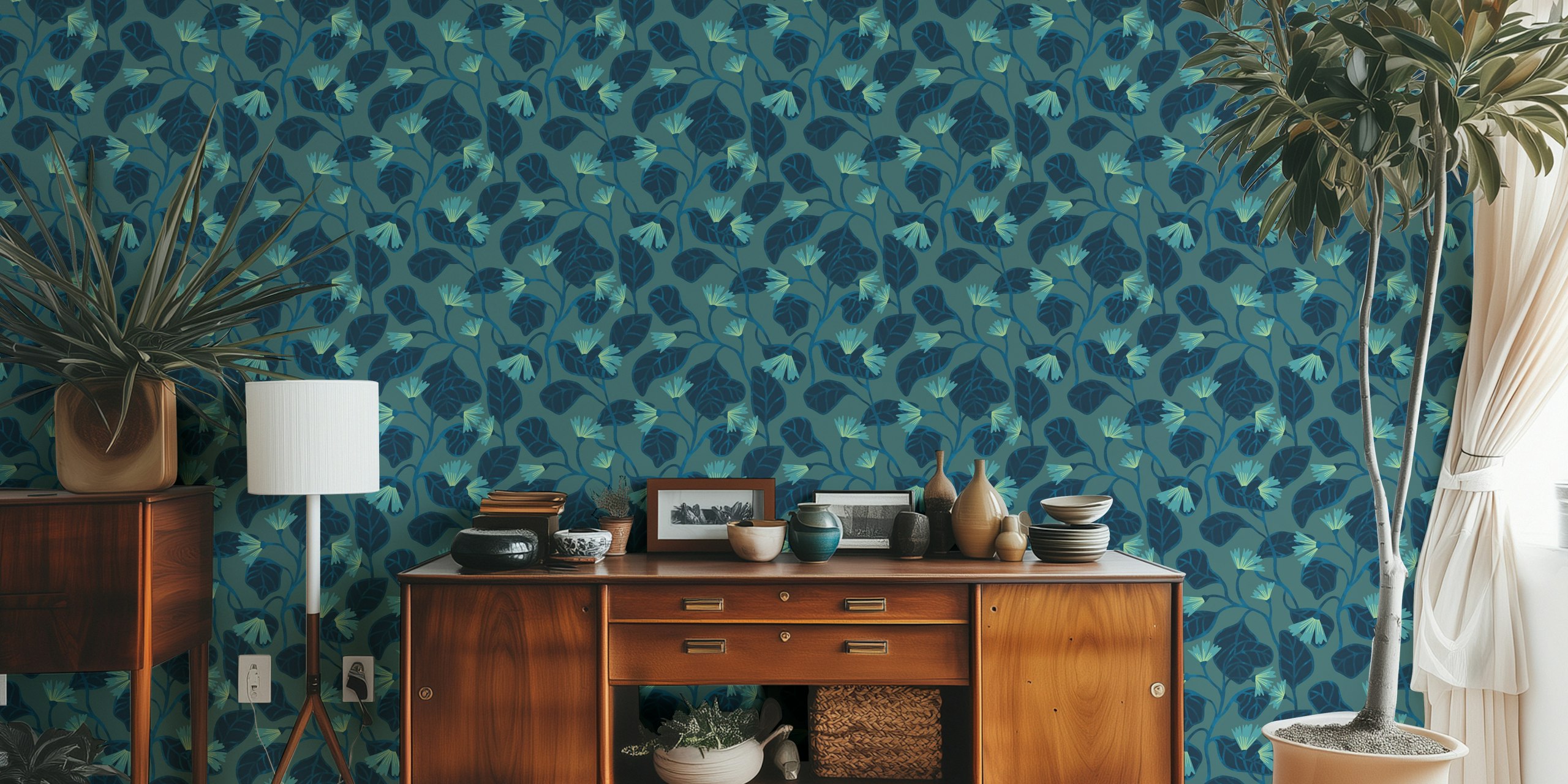 Alice Flowers and Leaves Green wallpaper design