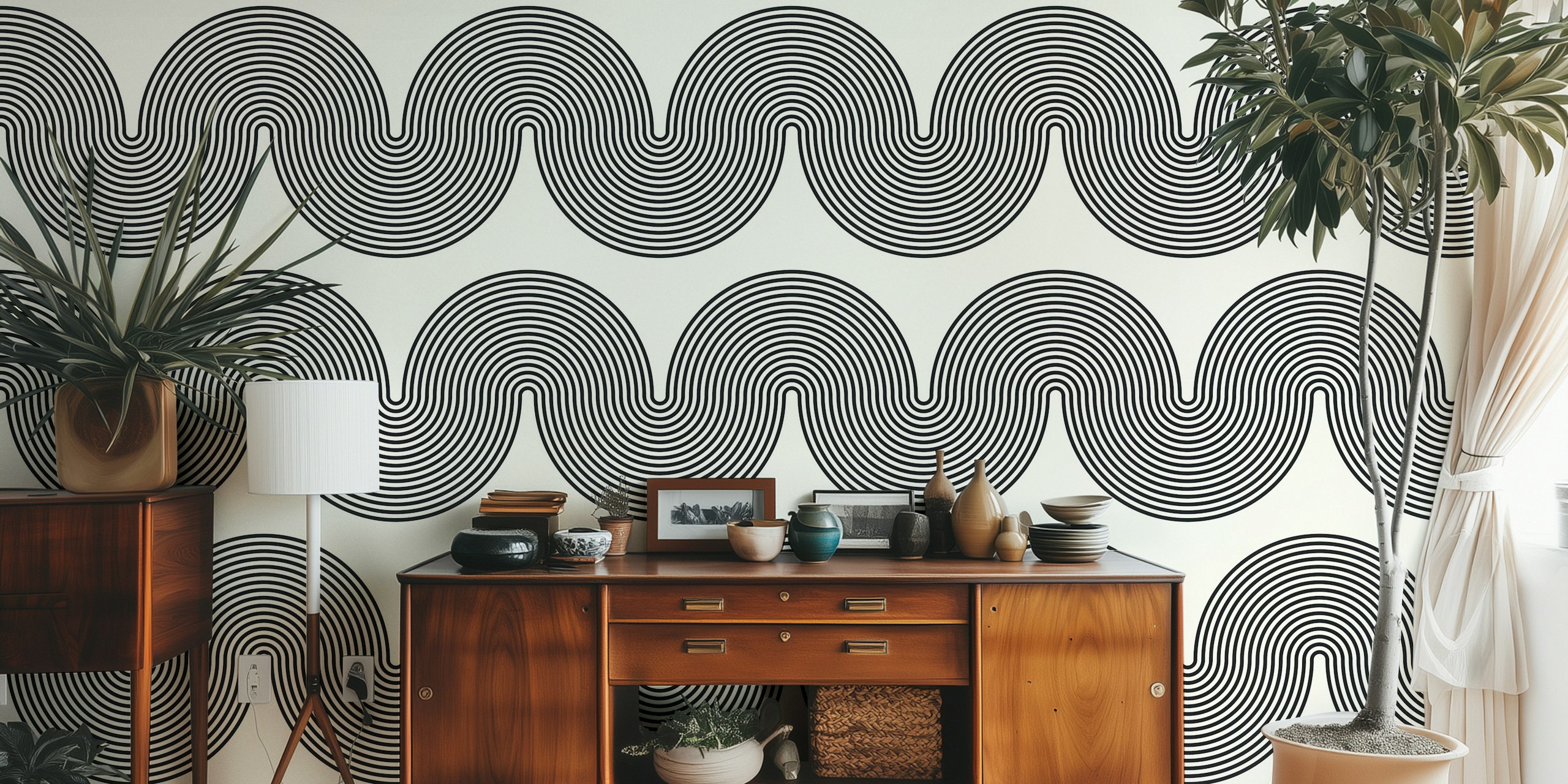 Black and white geometric patterned wallpaper featuring curved lines