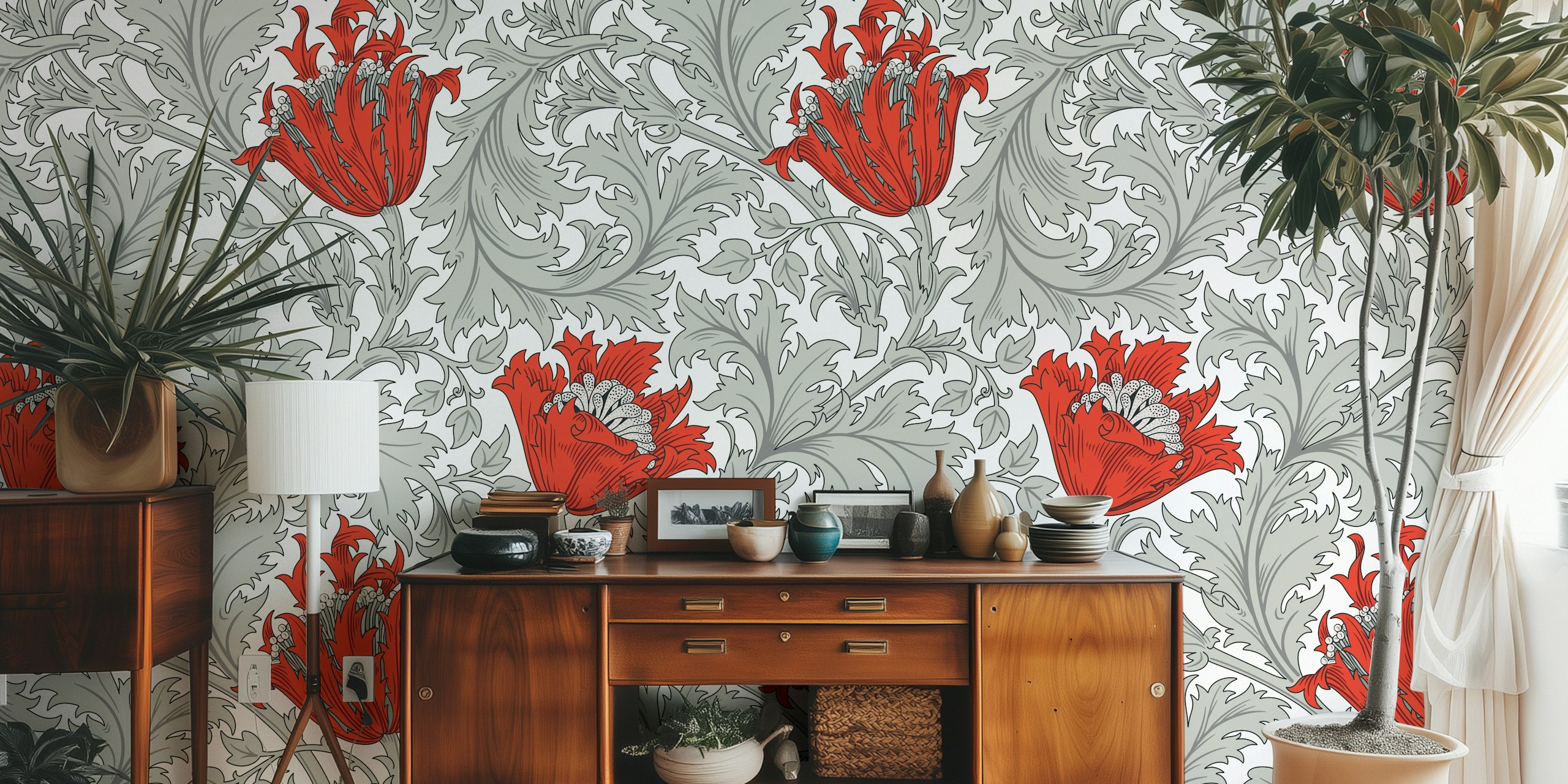 Fotomural Patrón de anémona victoriana 5 con flores rojas y hojas grises