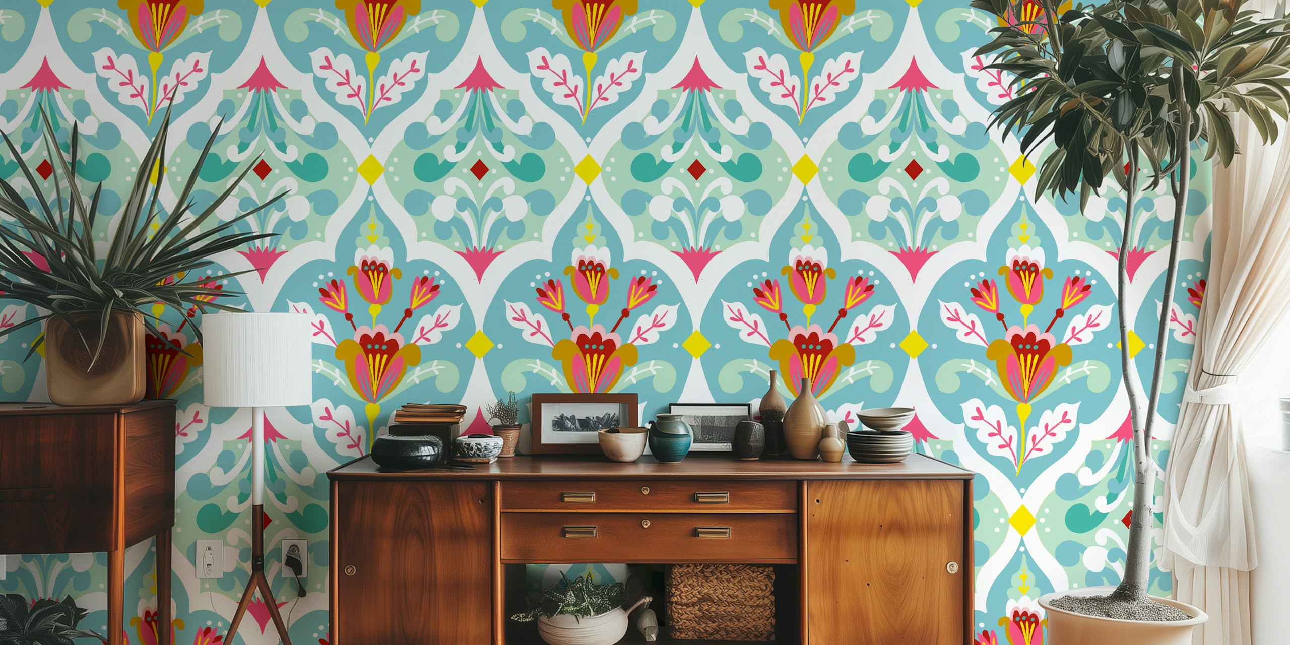 Elegante mural de pared floral damasco en tonos menta con vibrantes detalles florales