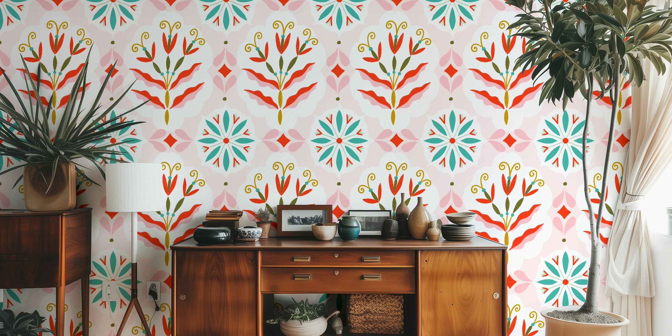 Floral damask wallpaper in pink, red, and teal colors featuring a cotton candy design.