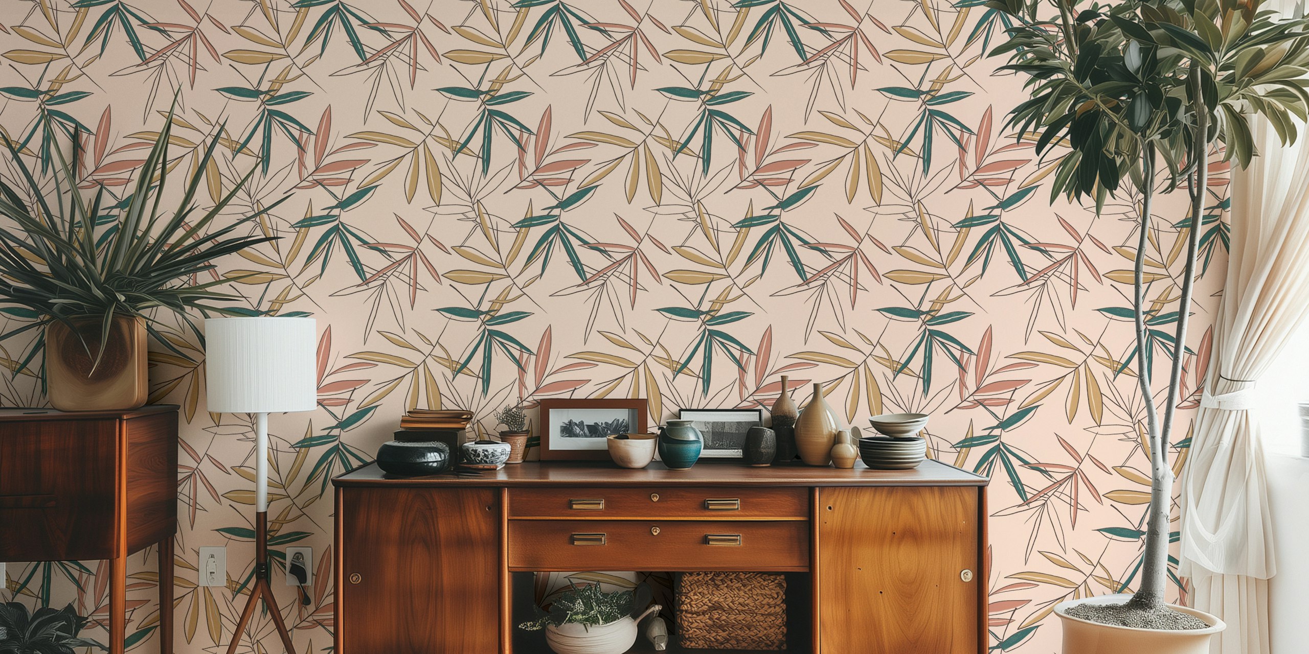 Vintage Palms vægmaleri med elegante palmeblade i dæmpede farver