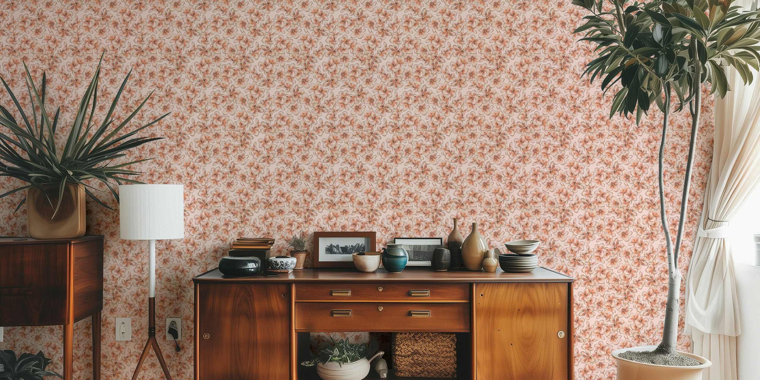 Hawaiian Serenity wallpaper met roze plumeria bloemen