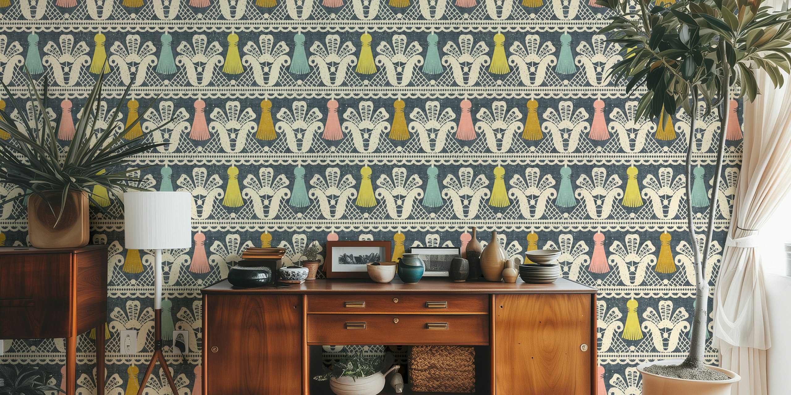 Colorful lace and tassels patterns on denim background wallpaper