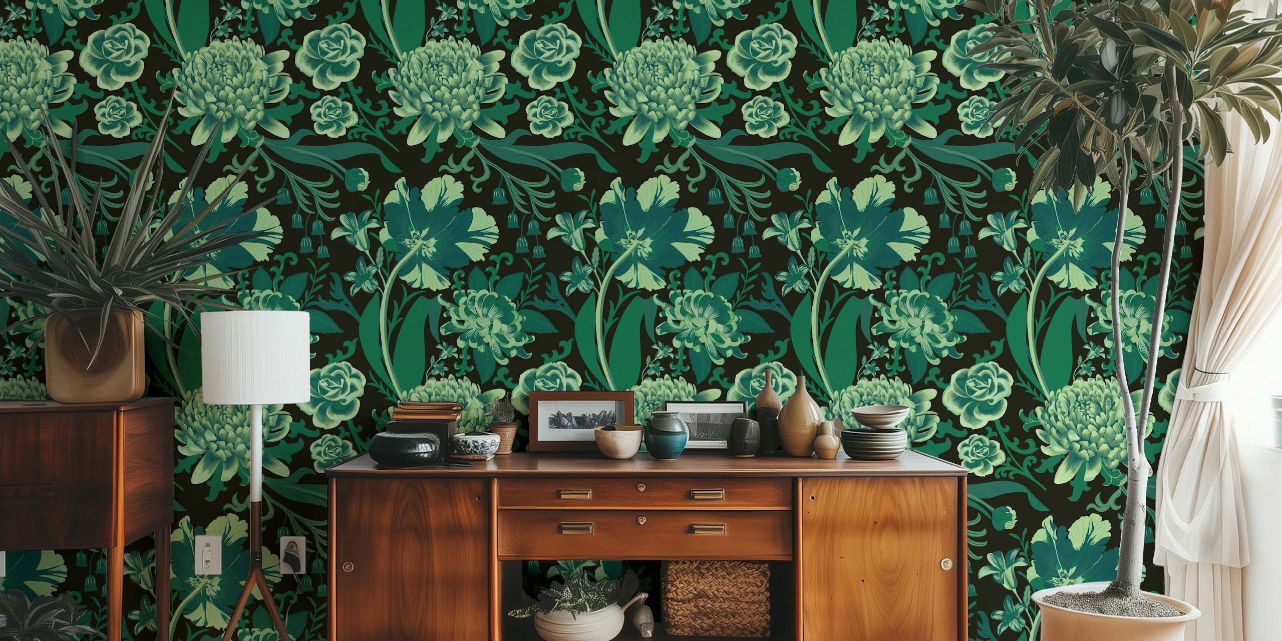 Rococo flowers in green papel de parede exibido em uma sala