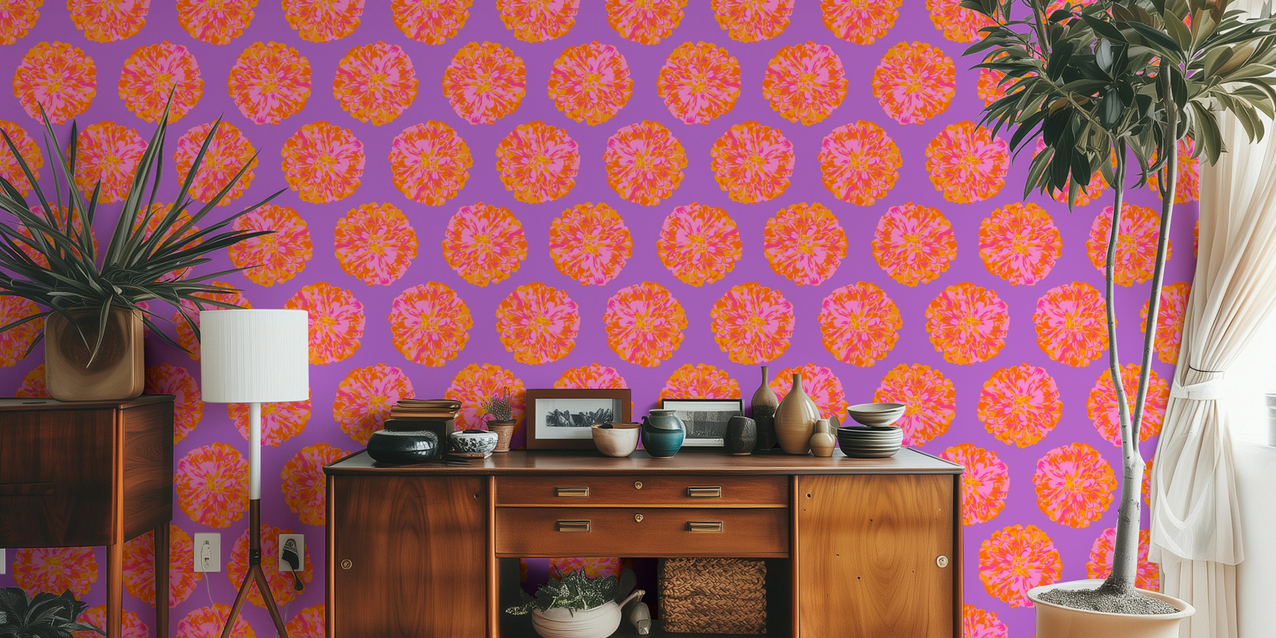 Floral wallpaper design in orange and violet