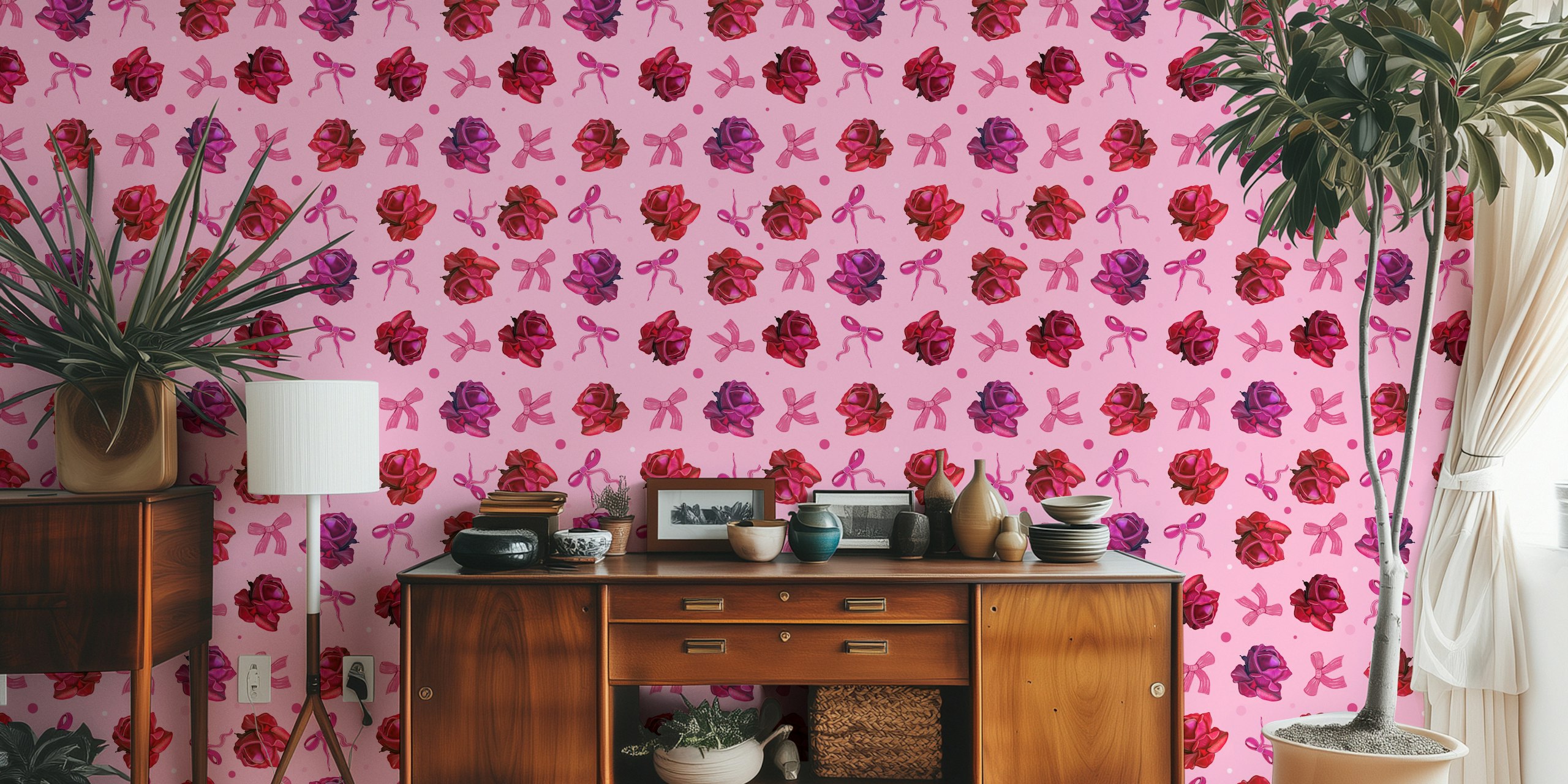 Pink roses and bow ties wallpaper pattern