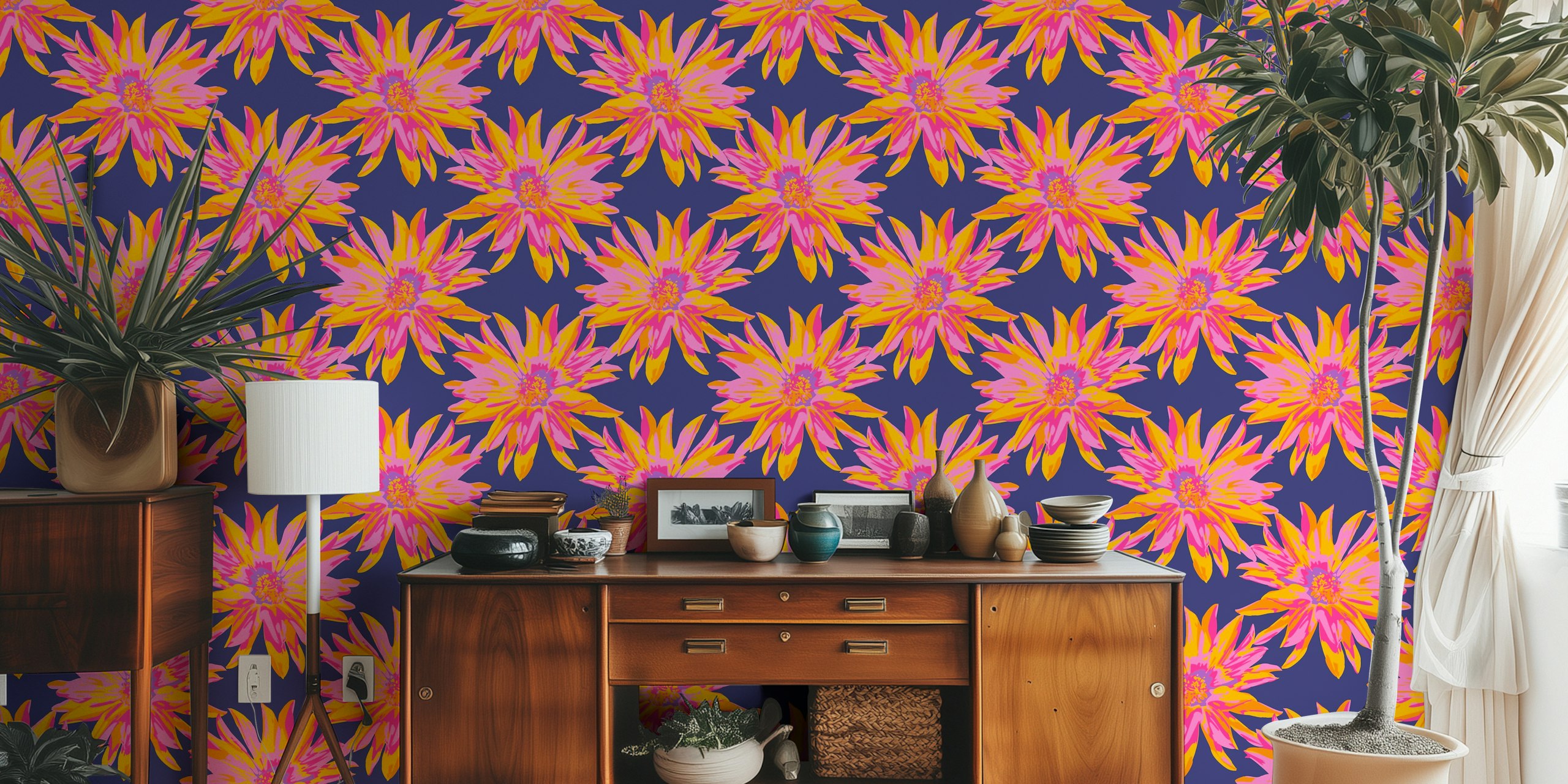 Bold pink dahlias on dark blue background wallpaper
