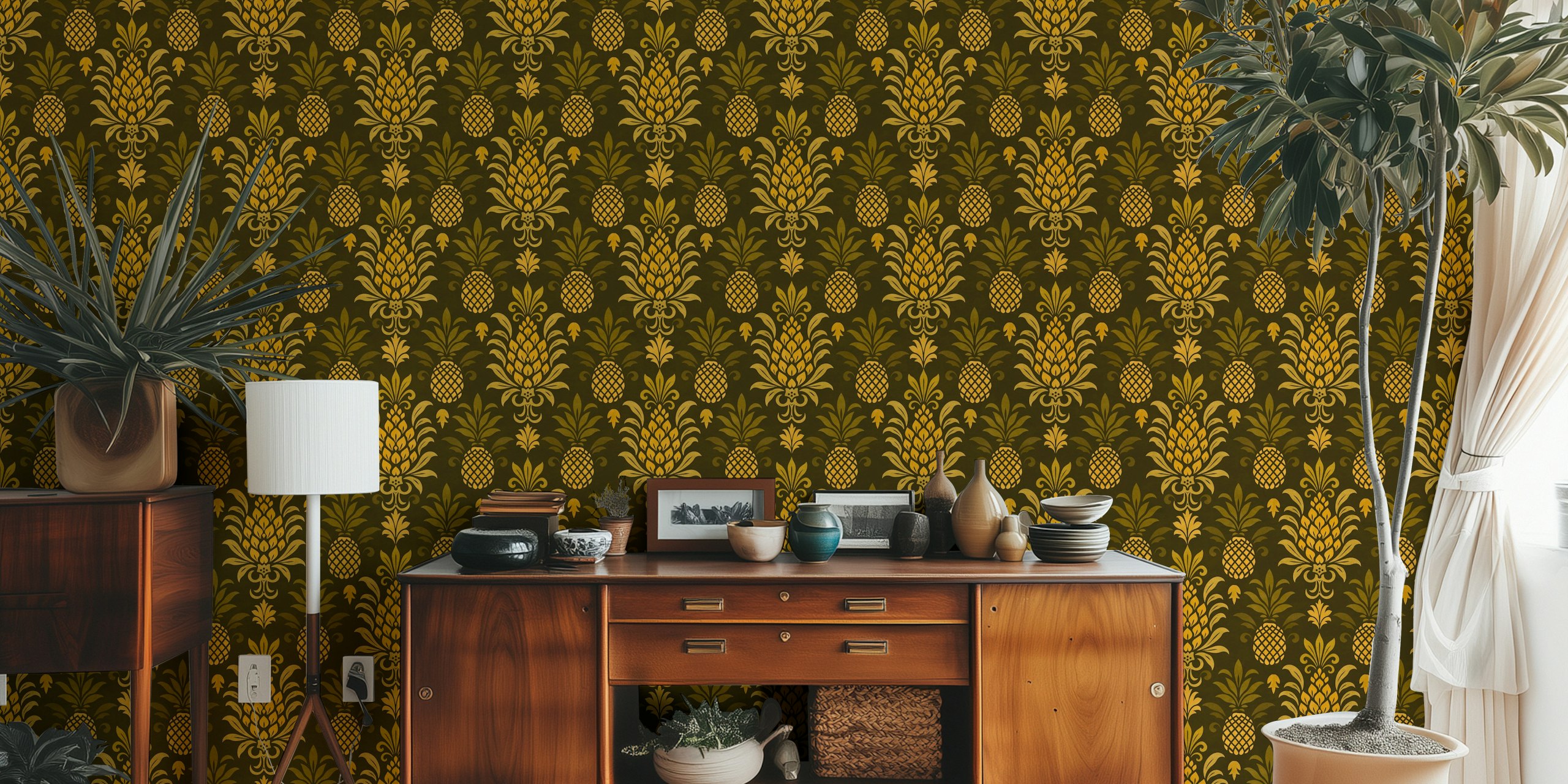 Pineapple motif in marigold brown on dark background wallpaper
