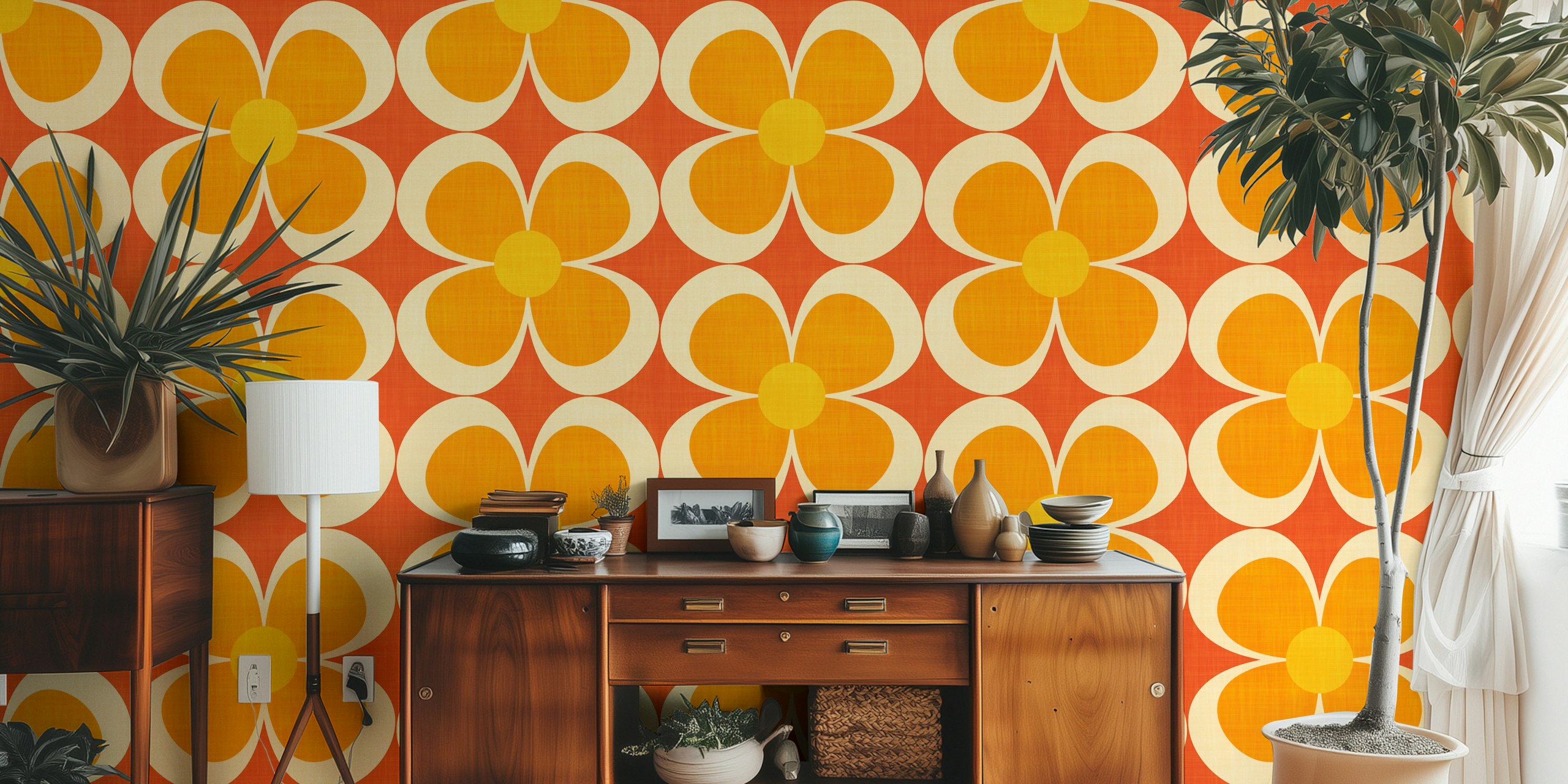 Retro-inspireret Groovy Geometric Floral vægmaleri i orange, gul og rød