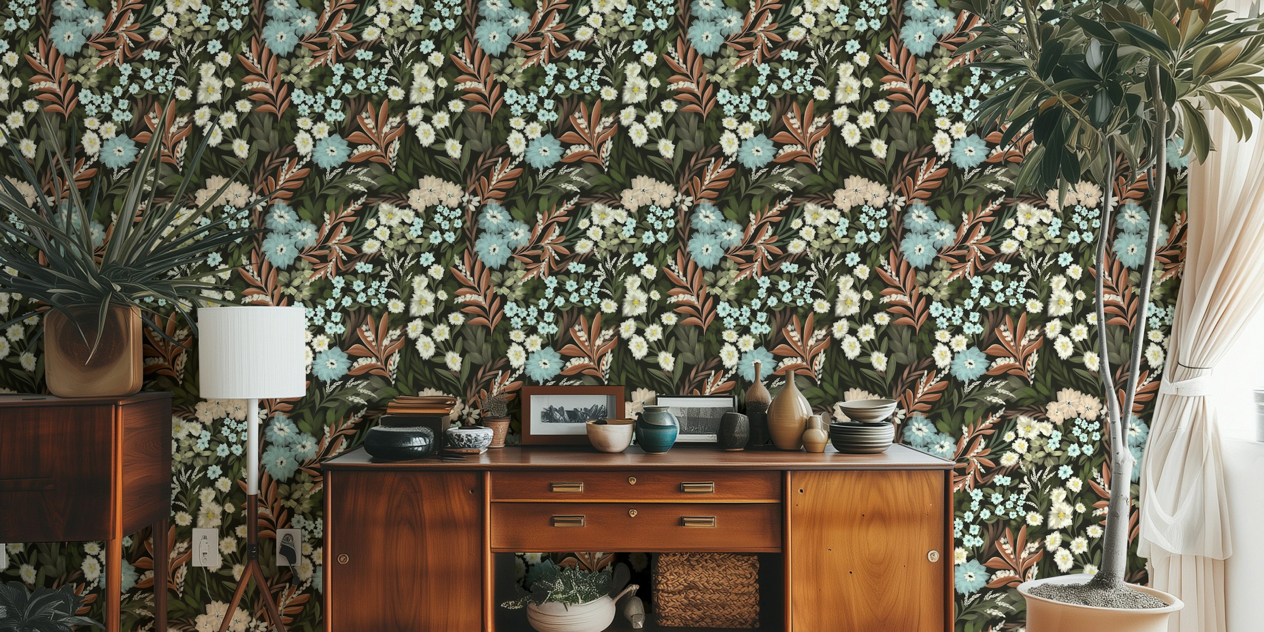 Forest floral and fauna wallpaper displayed in a room