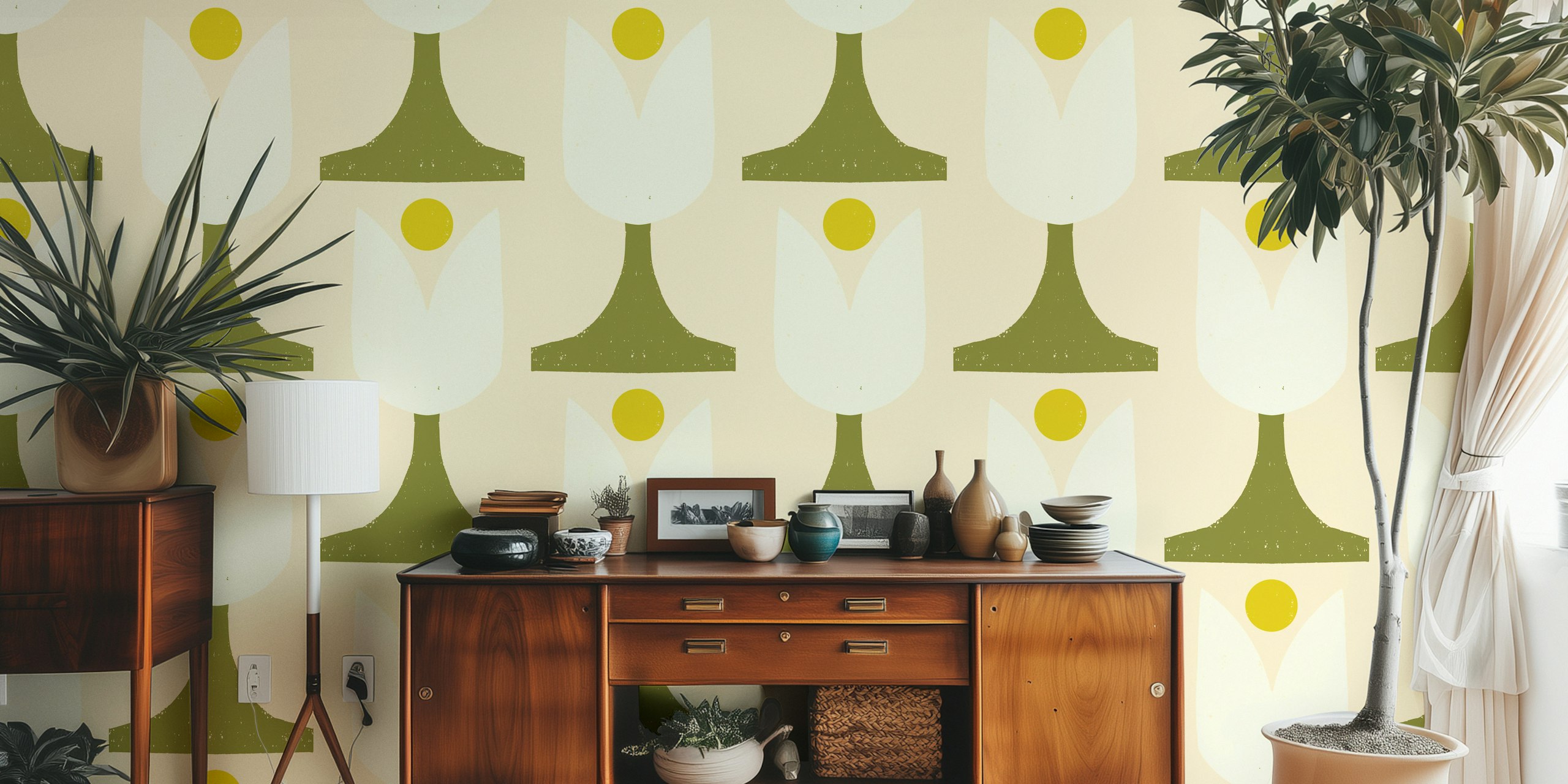 Mod Floral Tulip Pink - Mid Century Floral vaaleanpunaisilla ja vihreillä tulppaaneilla