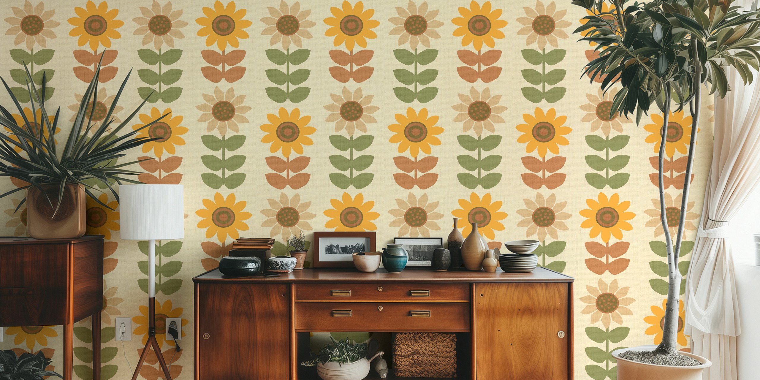 Retro-styled sunflowers σε φθινοπωρινές αποχρώσεις σε τοίχο