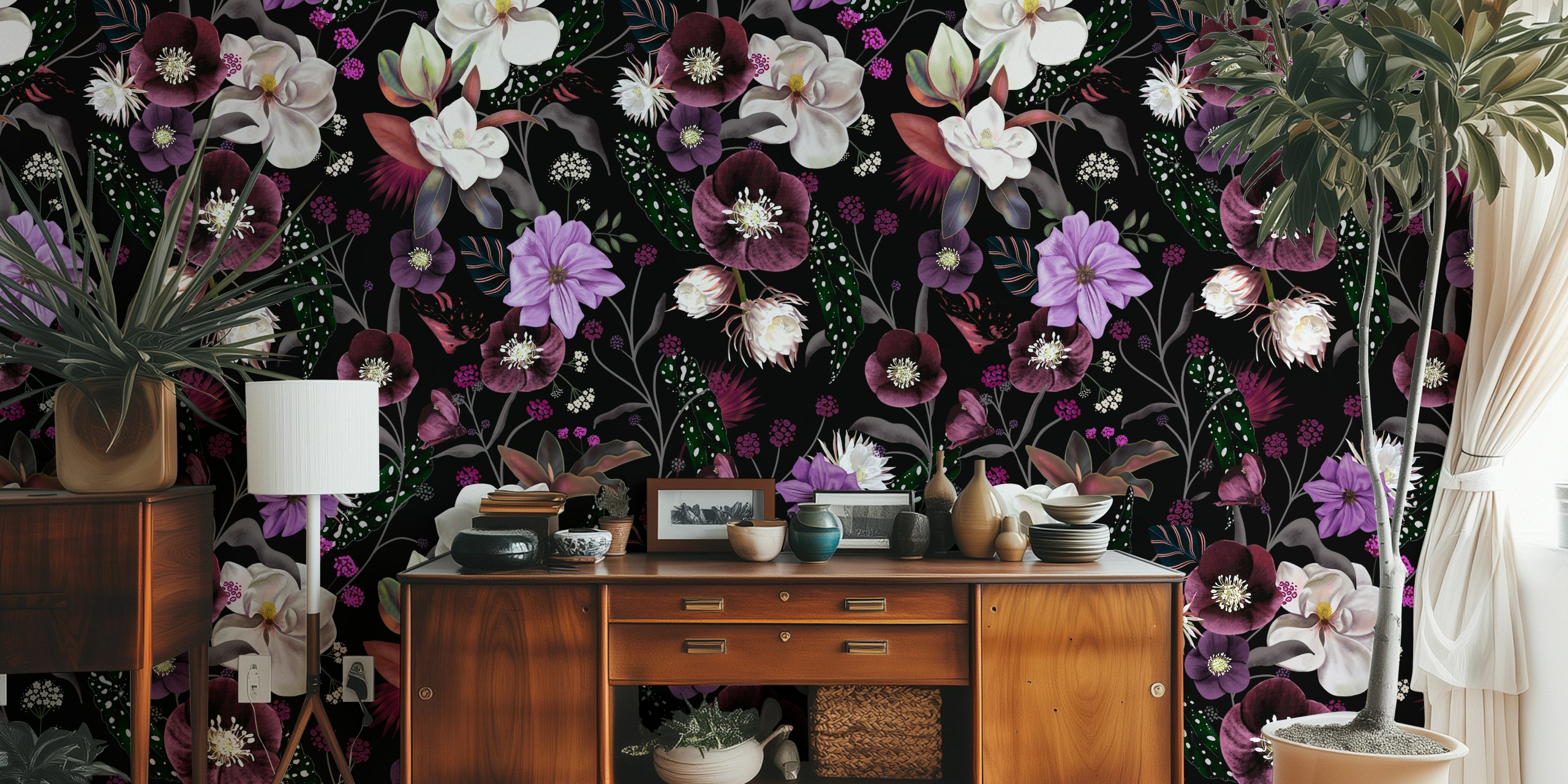 Black floral wallpaper featuring orchids and purple flowers with delicate leaves and stems