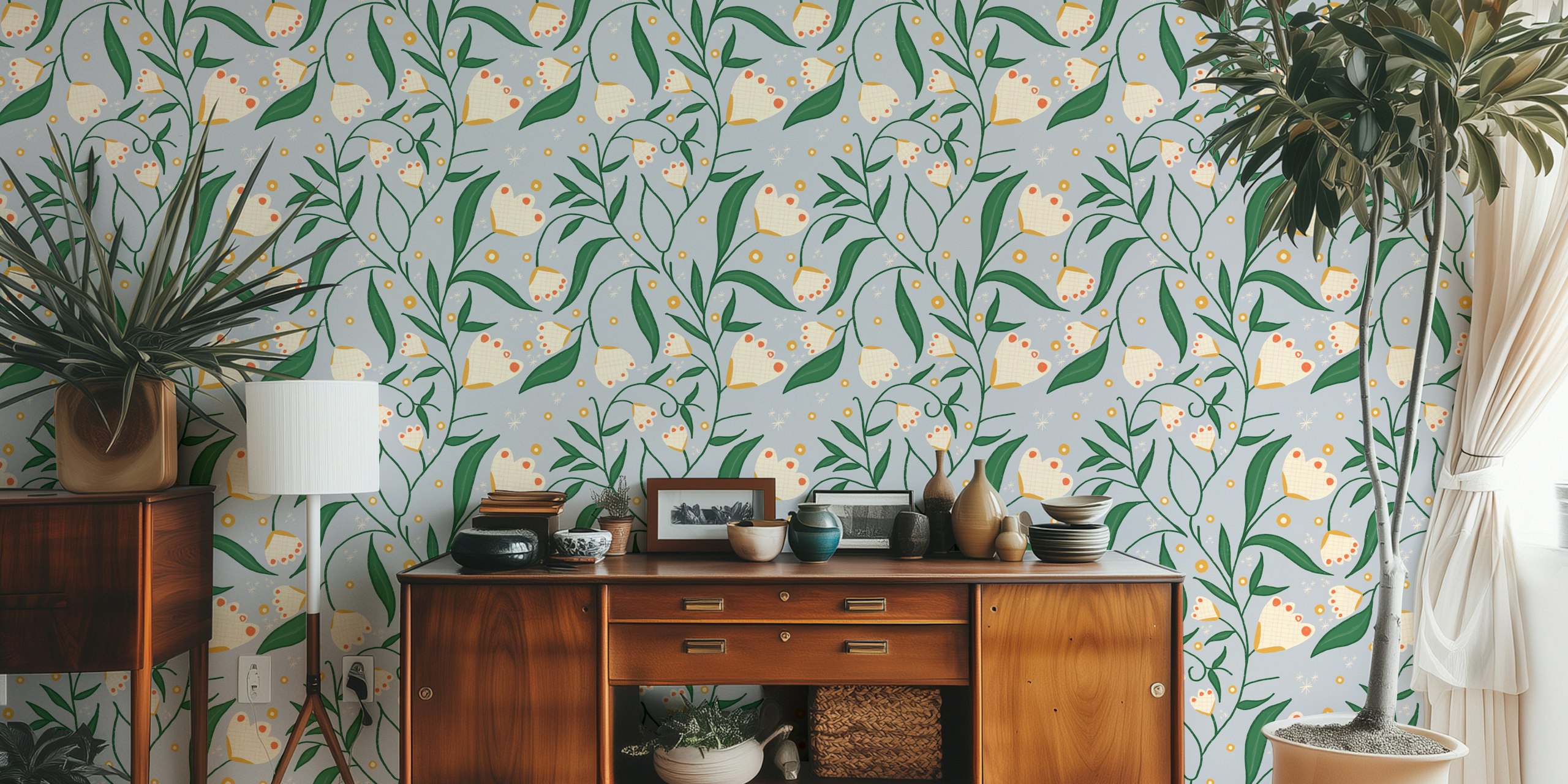 White floral pattern with green leaves and yellow accents wallpaper