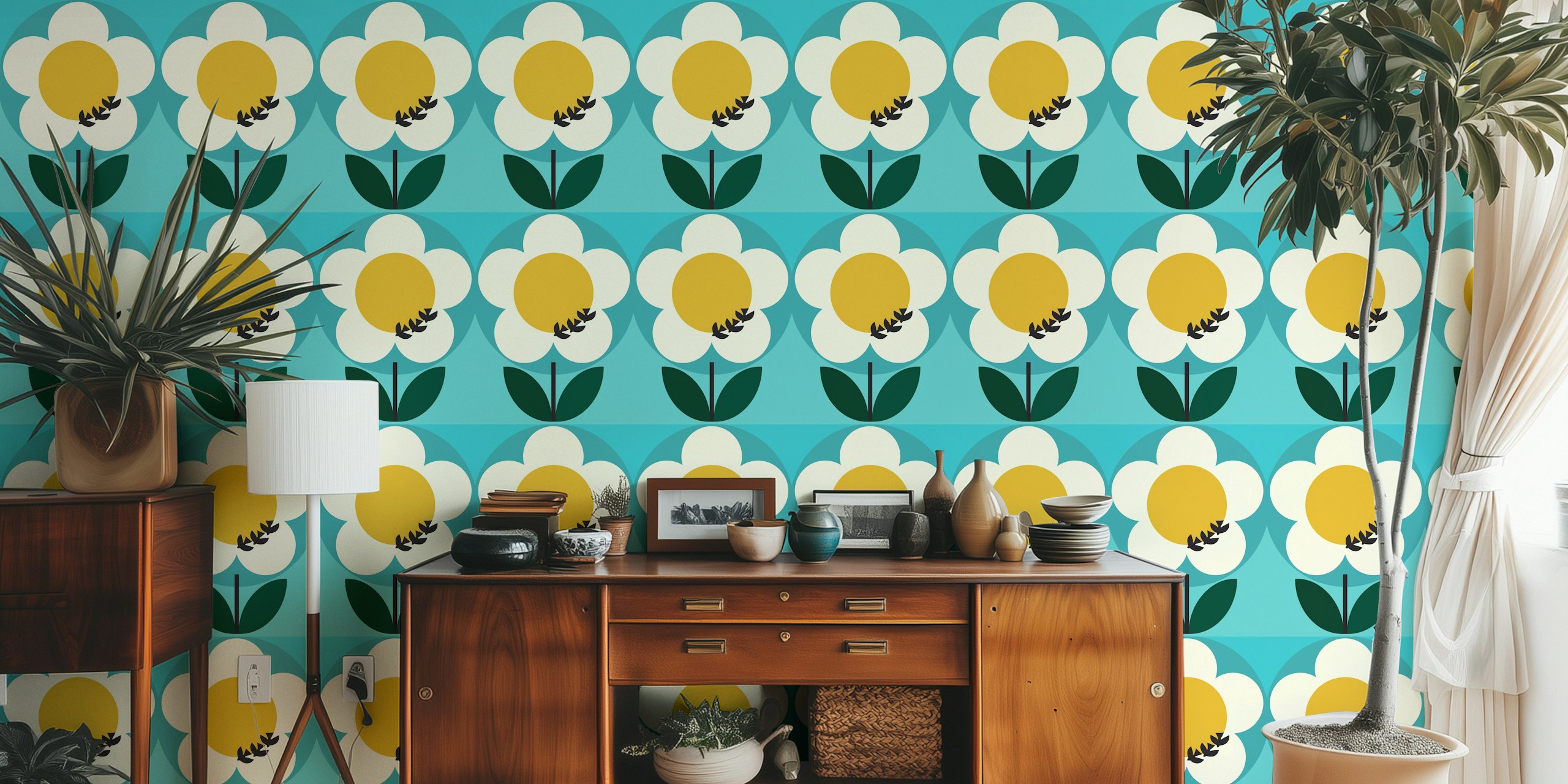 Large flower design with yellow center and black accents on blue background wallpaper