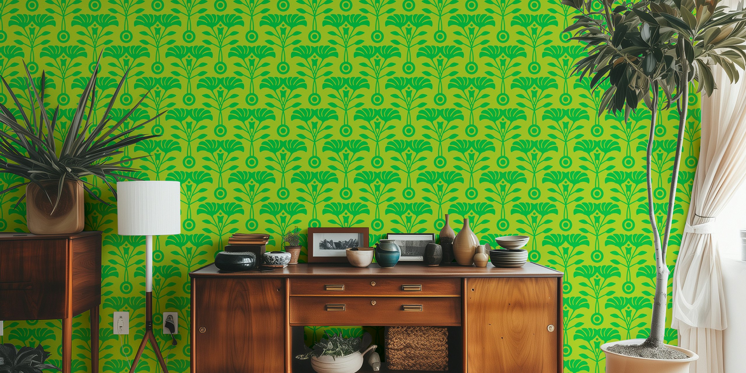 Papel pintado Retro Mid-Century Floral en verde lima