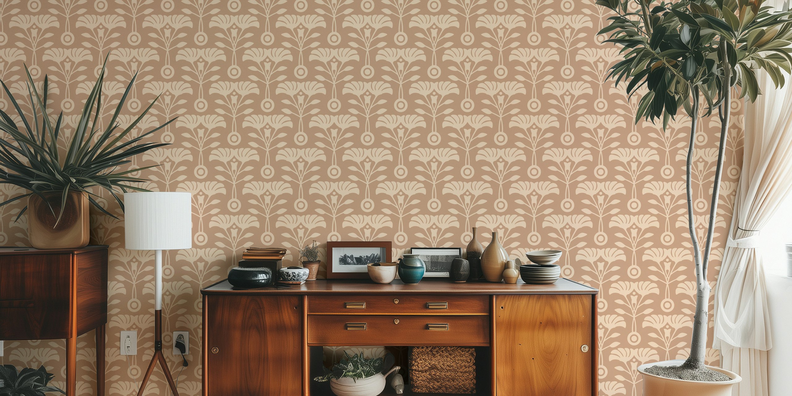 Beige floral wallpaper design in a room