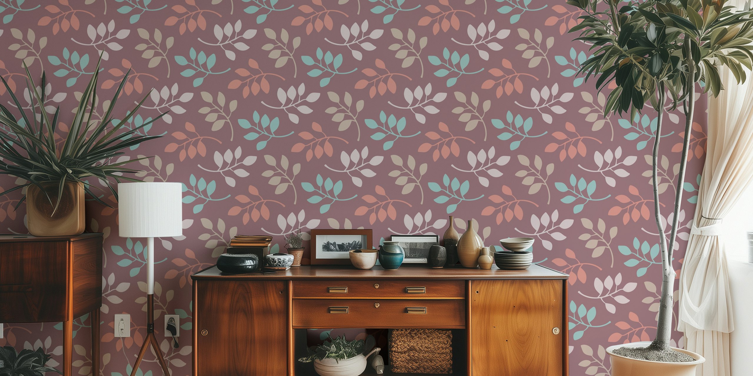 Floral leaves design in pastel colors on plum wallpaper