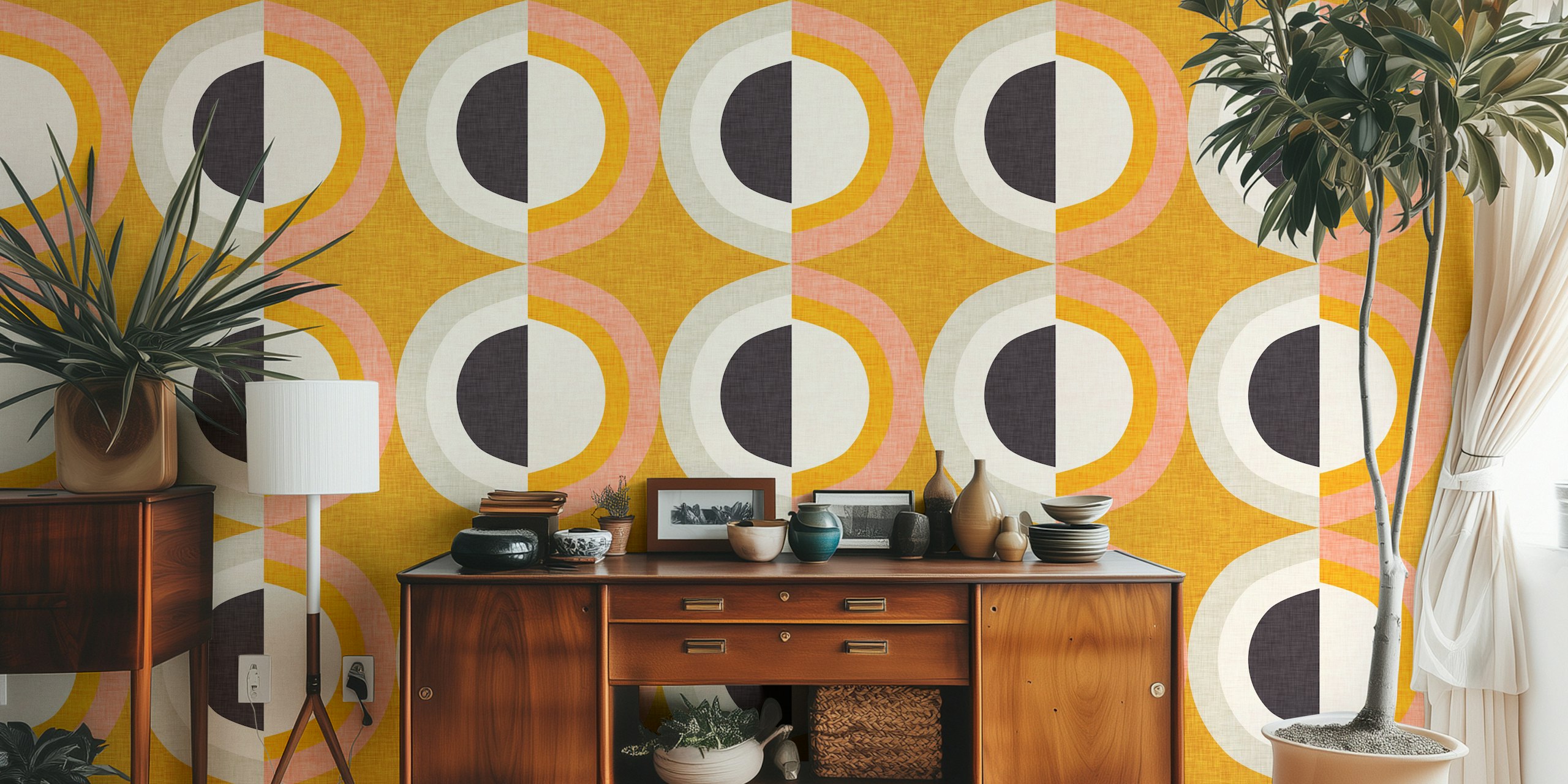 Mural de parede de estilo moderno de meados do século com formas geométricas em amarelo e carvão