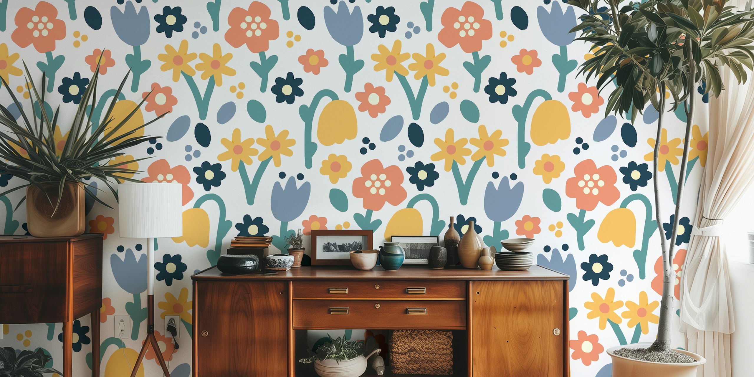 Colorful floral design with pink, blue, yellow, and green elements wallpaper