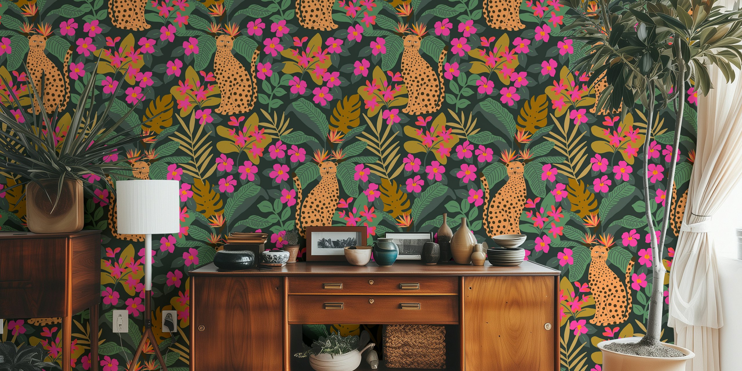 Hot Pink Jungle wall mural with leopards and tropical flowers