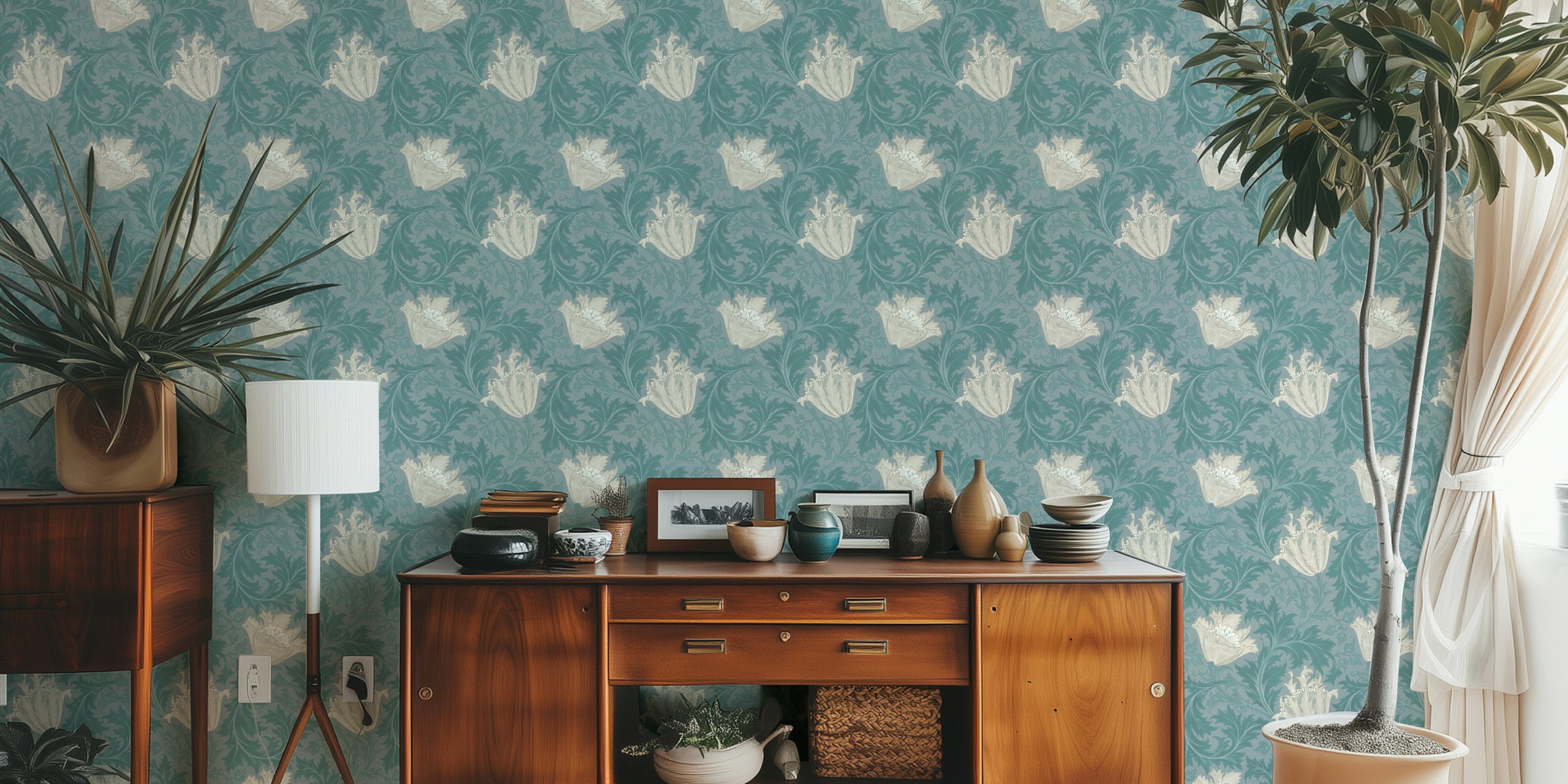 William Morris Anemone Teal Blue Grey Tapet I Ett Rum