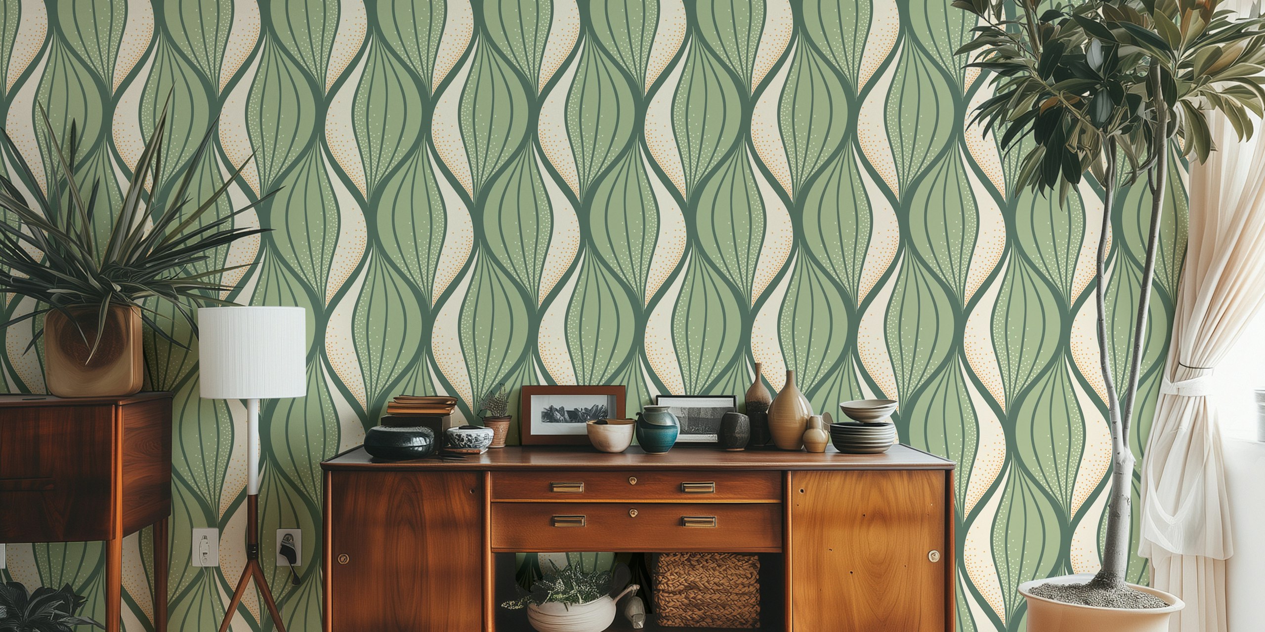 Zidna obloga Flowing leaves sage green u sobi