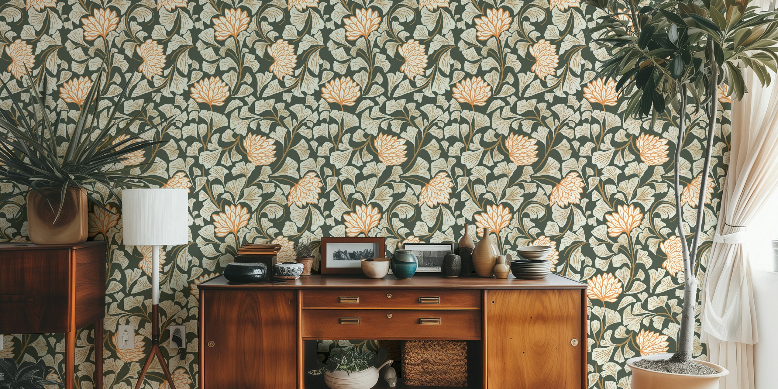 Large floral motifs with beige and peach colors on dark green background wallpaper