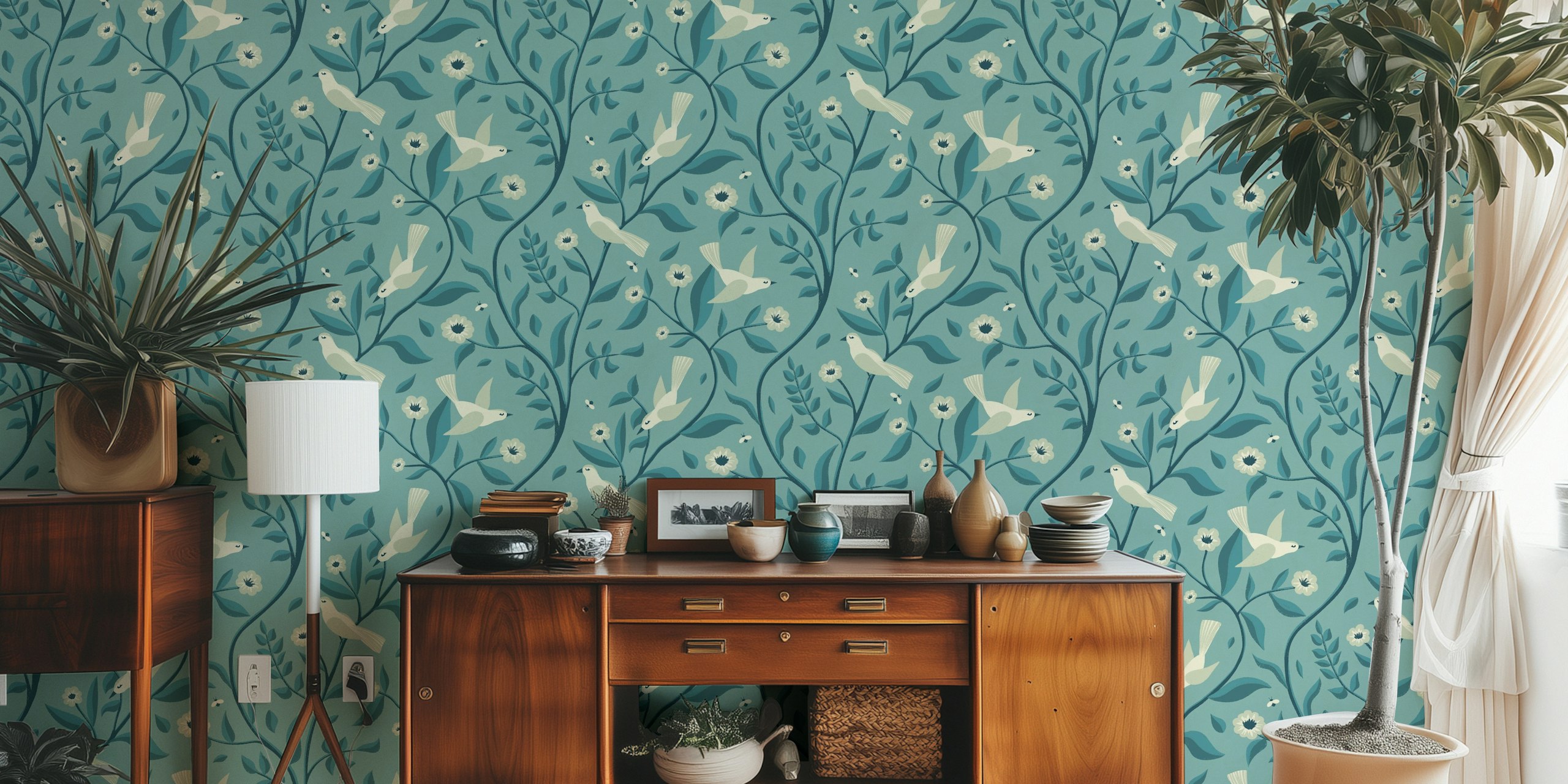 Birds in the Forest behang in teal blue green