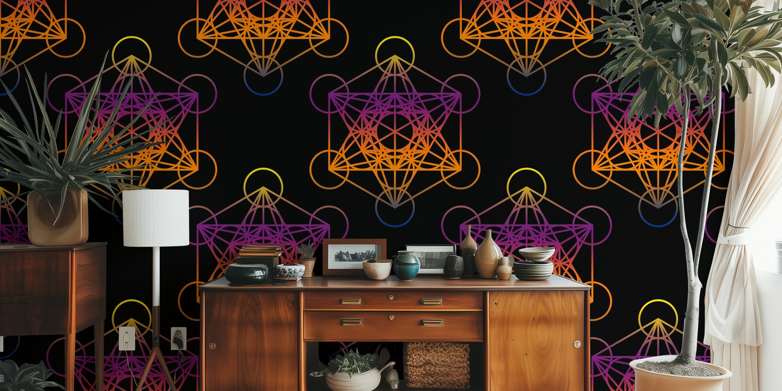 Geometric Metatron's Cube pattern in orange and black wallpaper