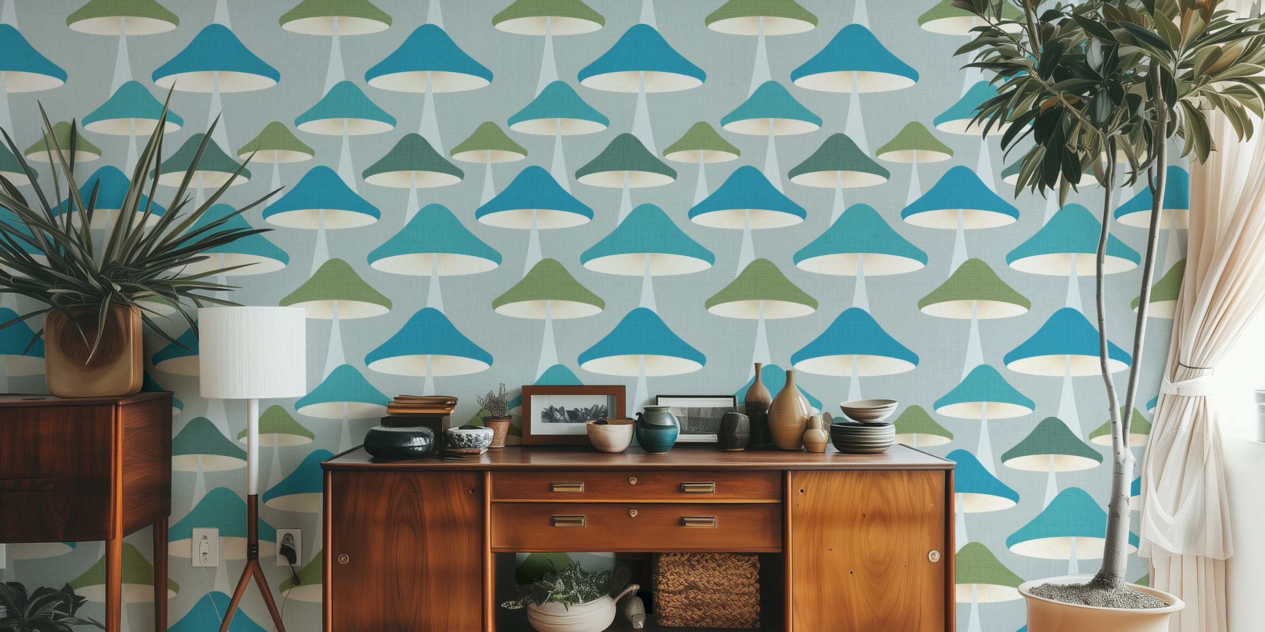 Retro mushroom wallpaper in blue and green pastels style