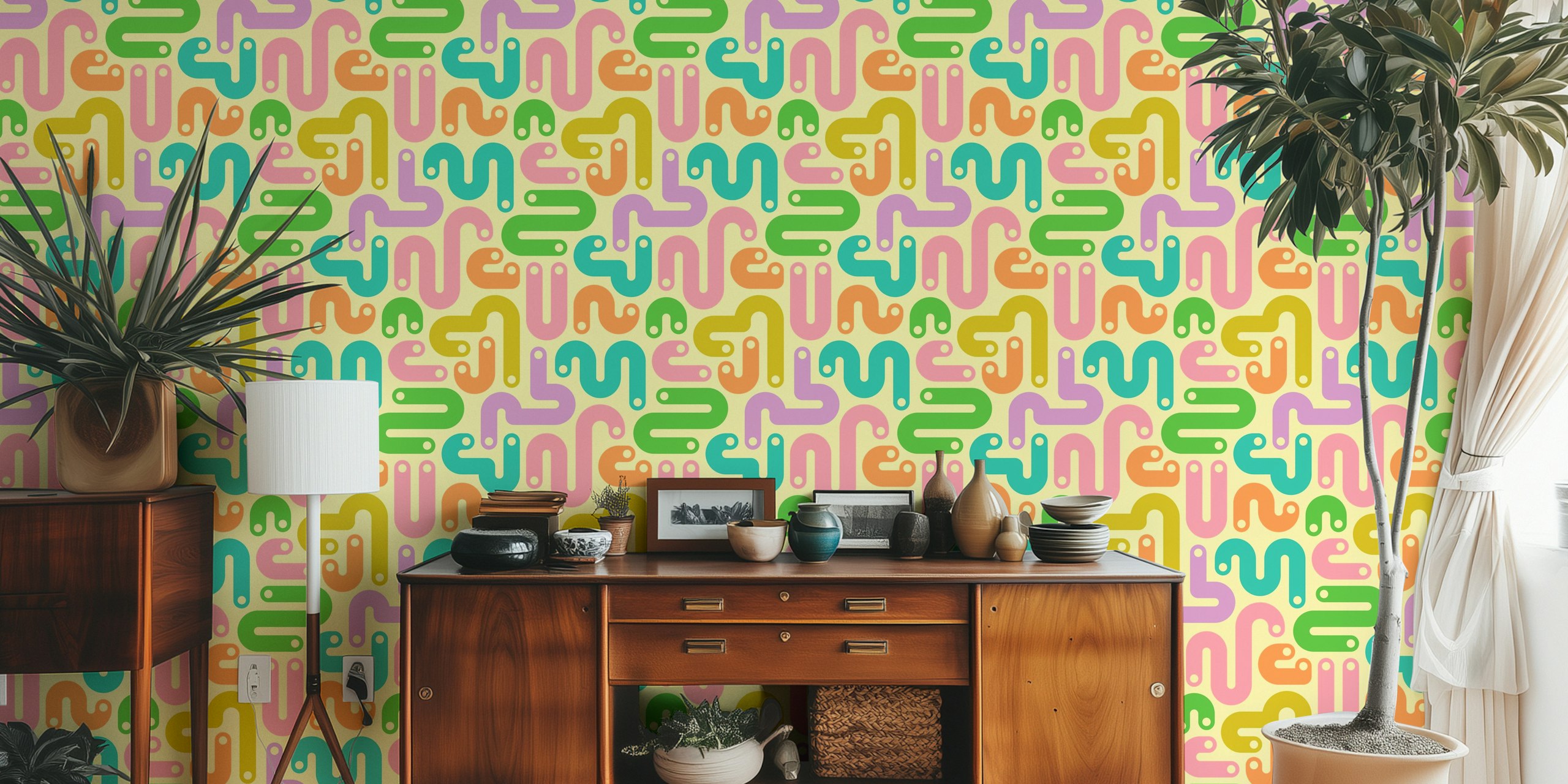Curvy abstract pattern in pastel colors on cream wallpaper
