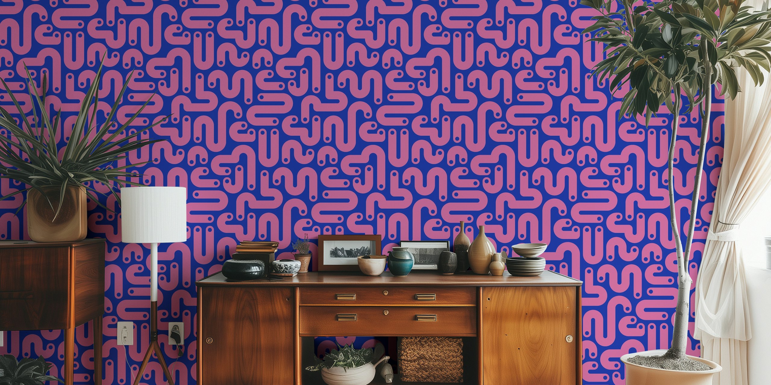 Curvy pink and blue abstract design wallpaper