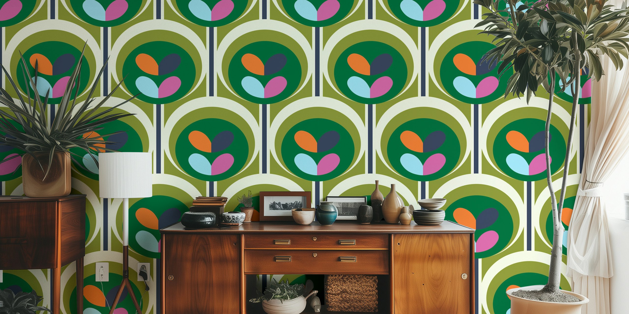 Geometric pattern with colorful leaves in green and blue wallpaper